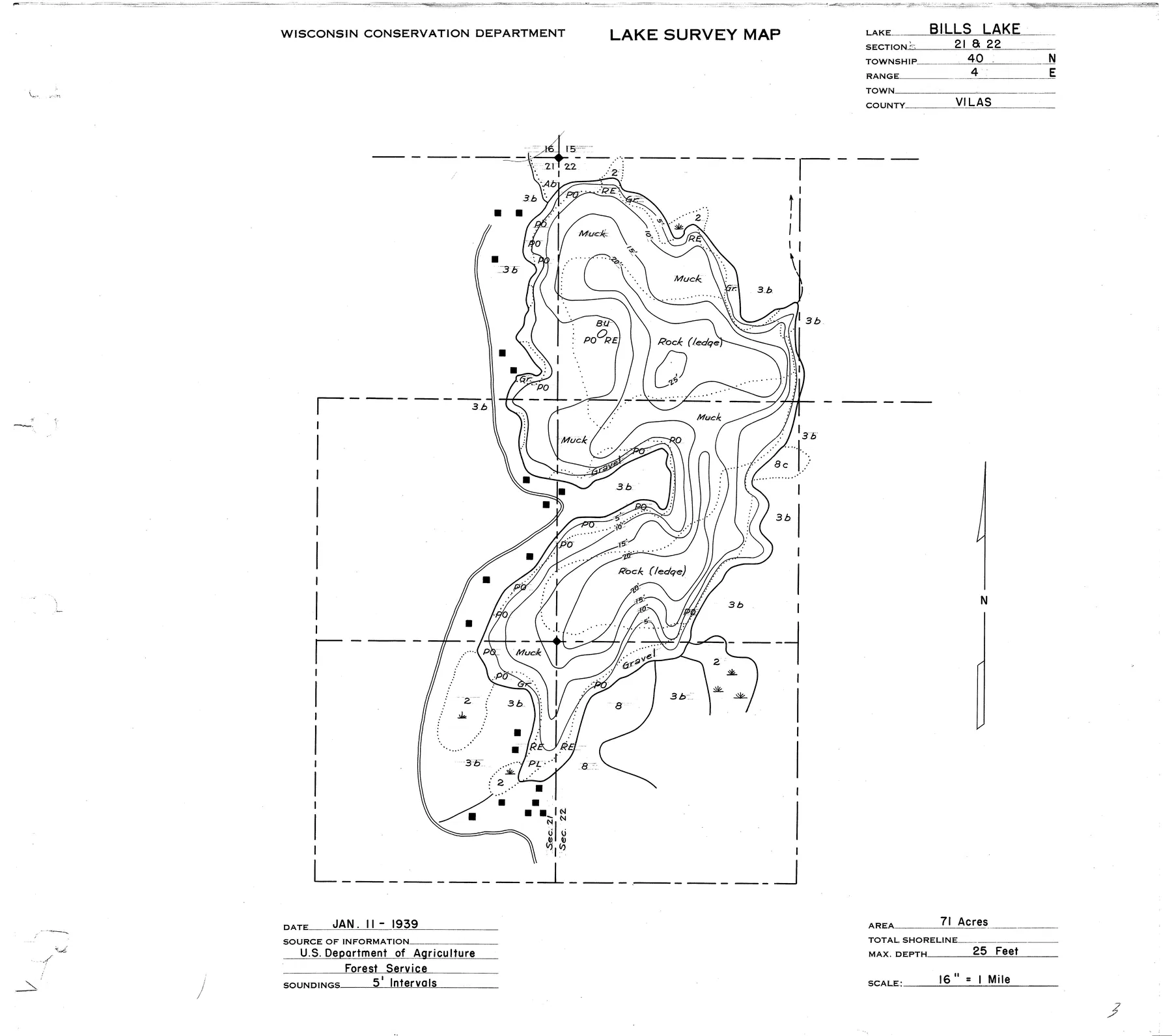 Bills Lake historical Wisconsin DNR depth map sheet 1