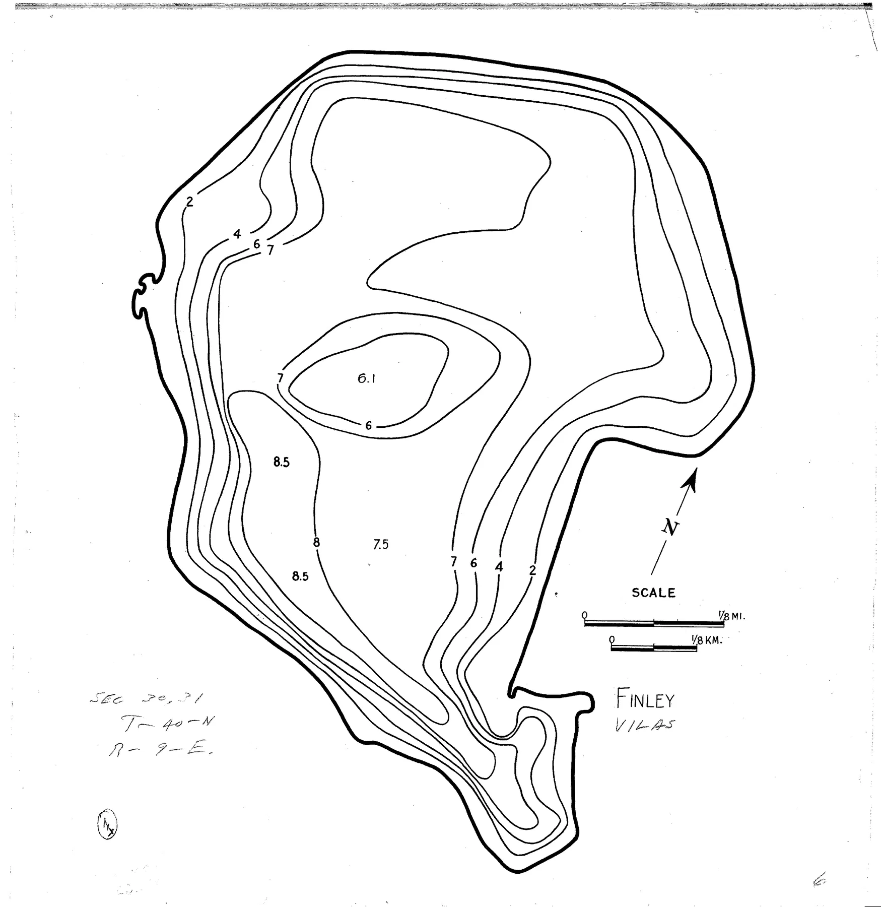 Finley Lake historical Wisconsin DNR depth map sheet 1