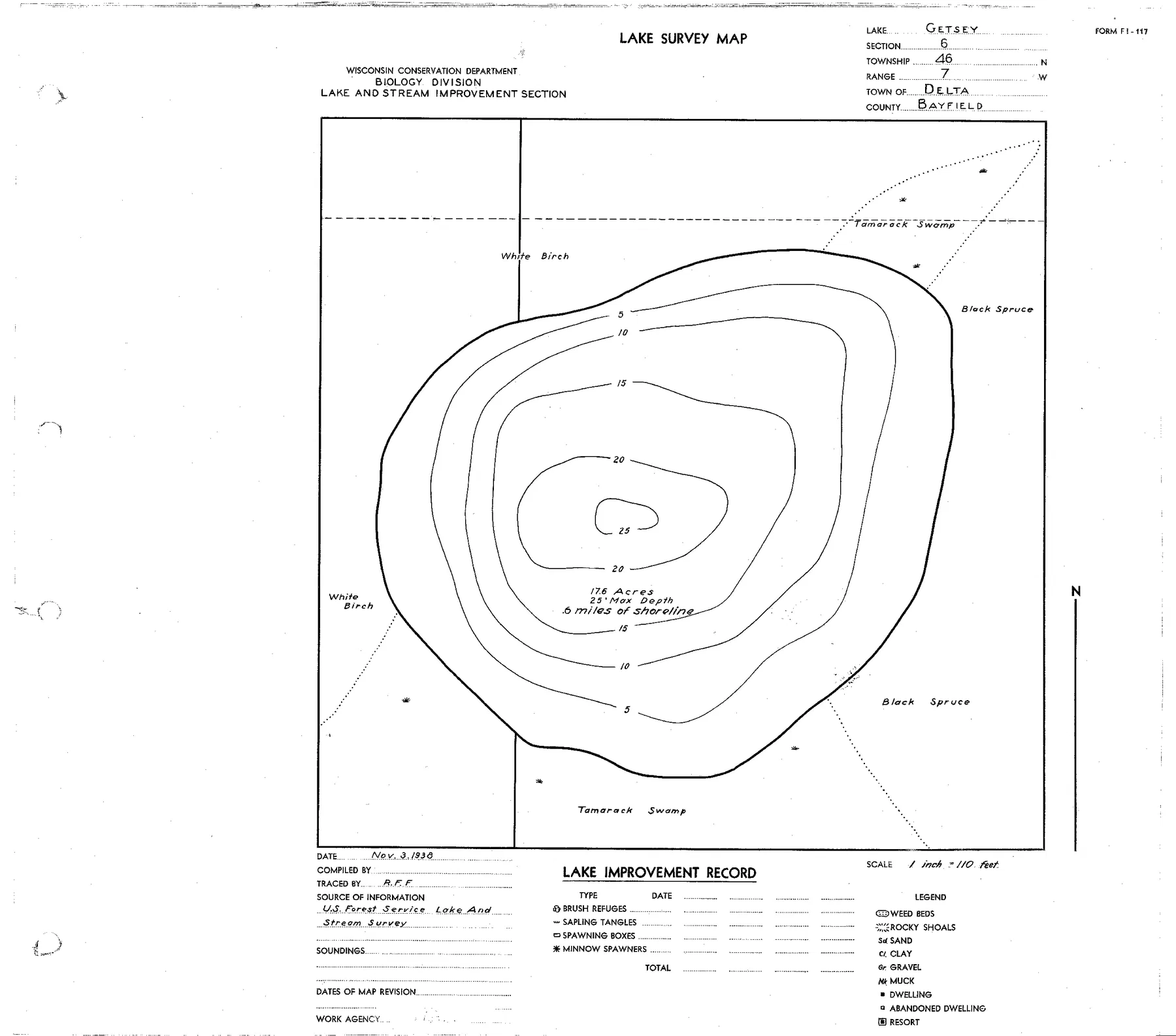 Getsey Lake historical Wisconsin DNR depth map sheet 1