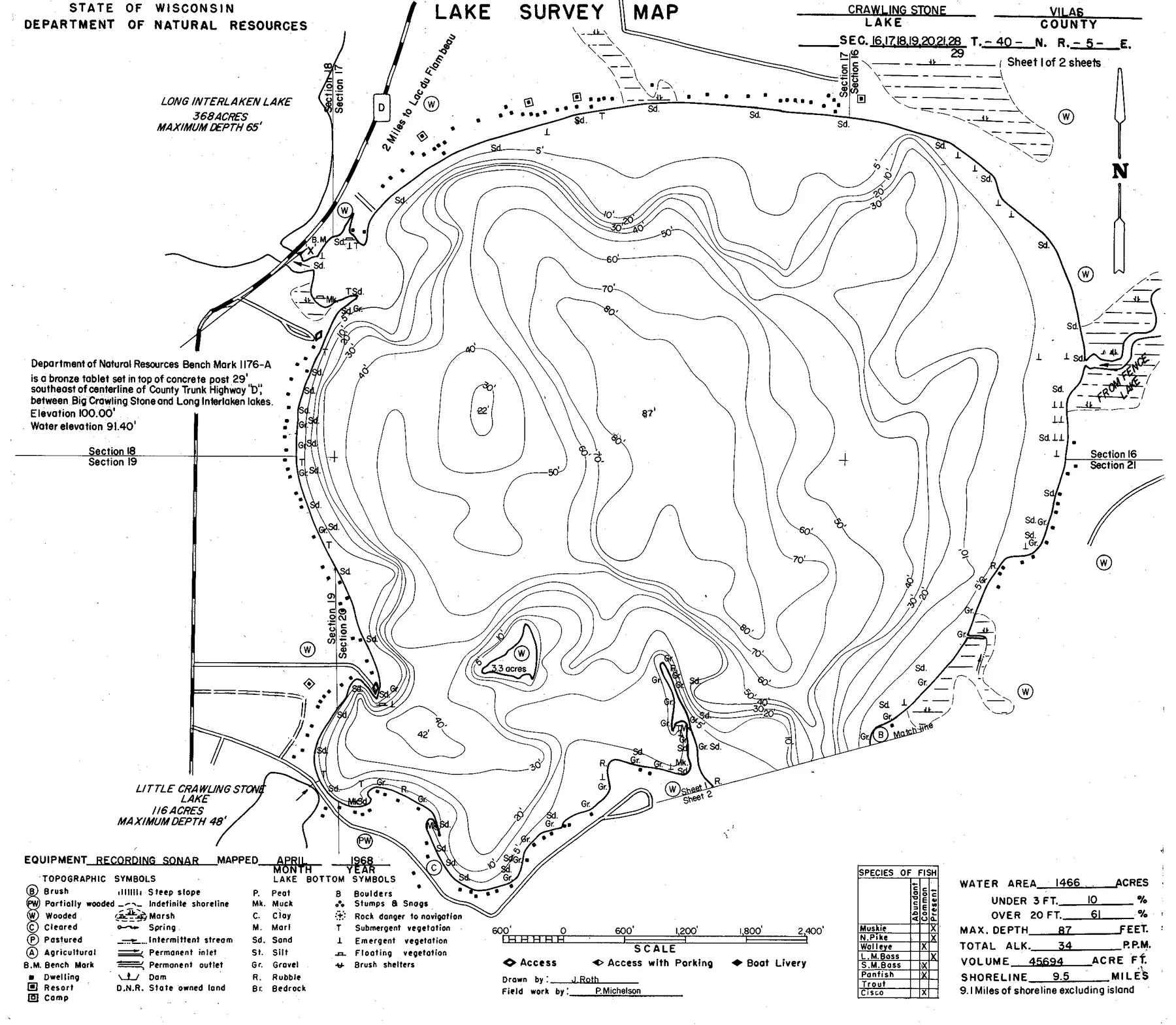 Crawling Stone Lake historical Wisconsin DNR depth map sheet 1