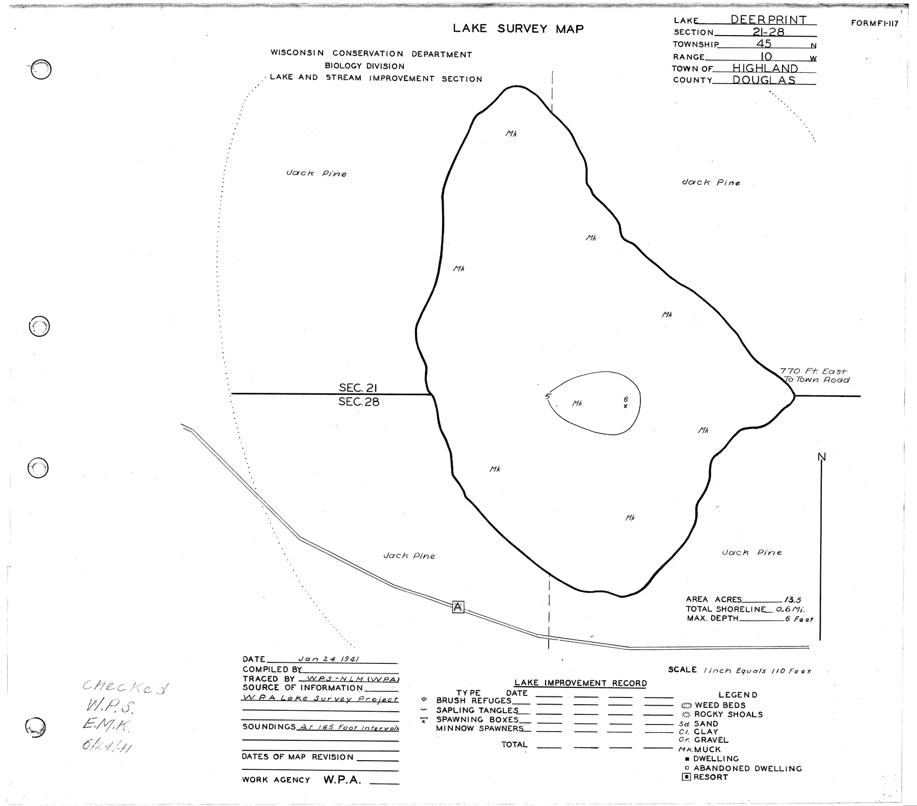 Deer Print Lake historical Wisconsin DNR depth map sheet 1
