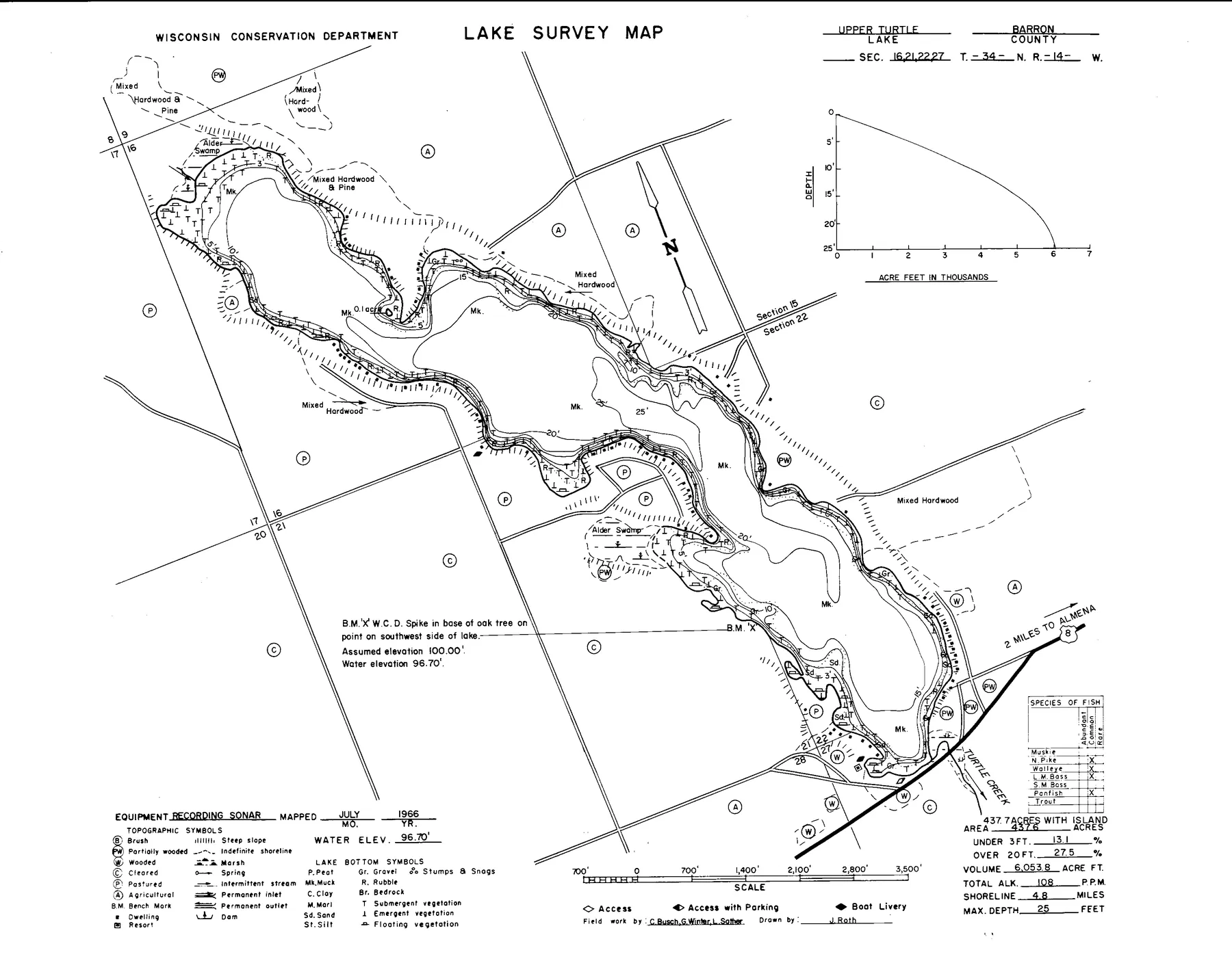 Upper Turtle Lake historical Wisconsin DNR depth map sheet 1