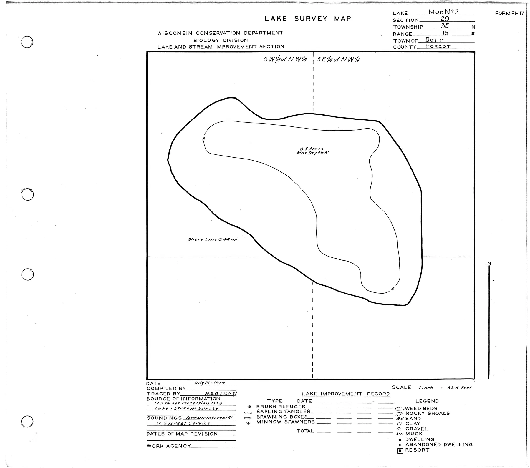 Mud Lake Number Two historical Wisconsin DNR depth map sheet 1