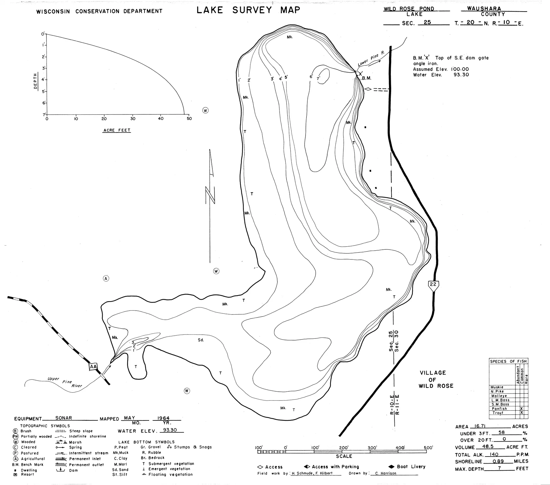 Wild Rose Pond historical Wisconsin DNR depth map sheet 1
