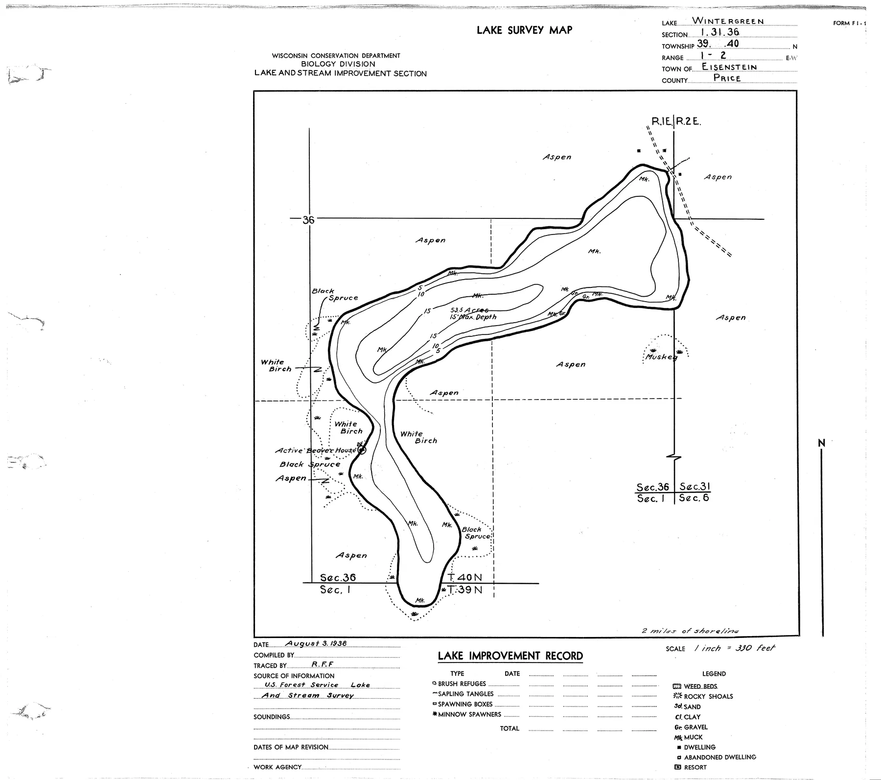 Wintergreen Lake historical Wisconsin DNR depth map sheet 1