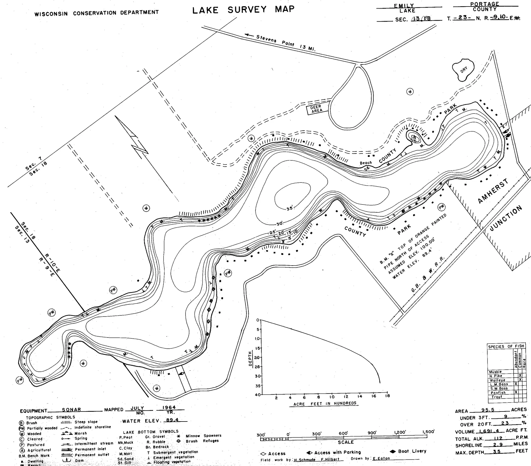 Lake Emily historical Wisconsin DNR depth map sheet 1