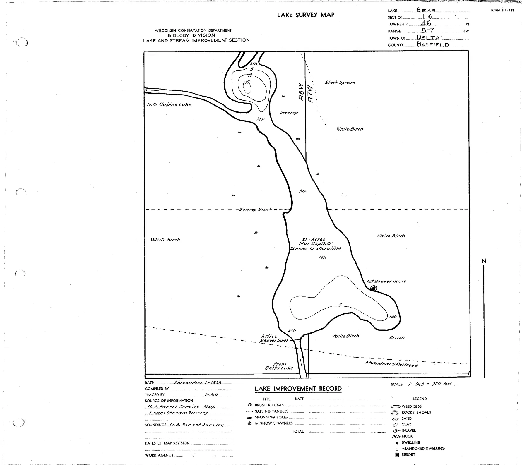 Bear Lake historical Wisconsin DNR depth map sheet 1