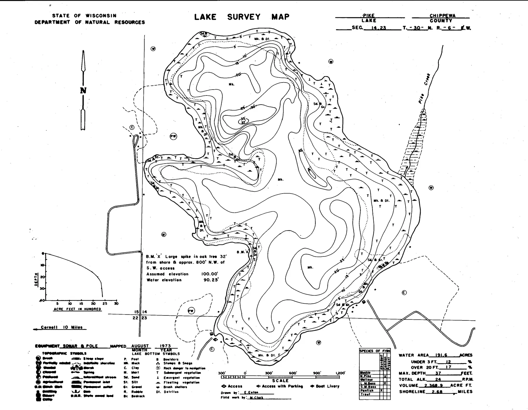 Pike Lake historical Wisconsin DNR depth map sheet 1