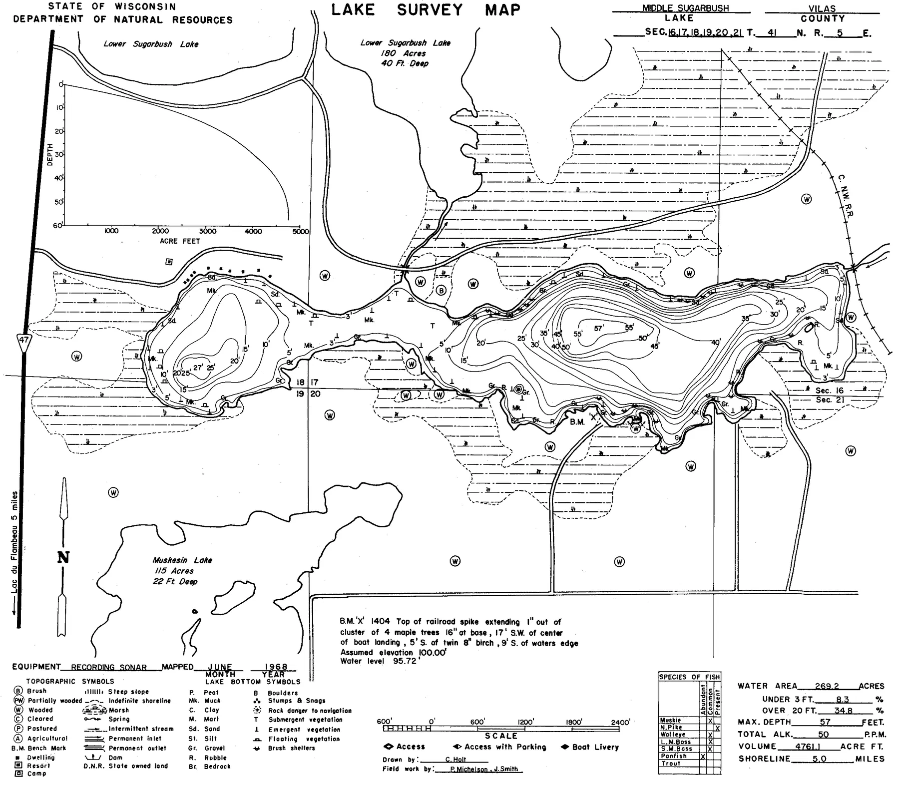Middle Sugarbush Lake historical Wisconsin DNR depth map sheet 1