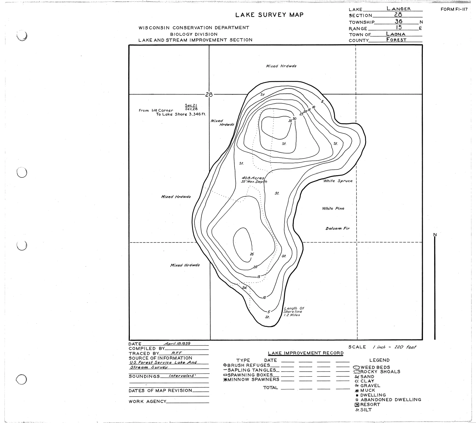 Langer Lake historical Wisconsin DNR depth map sheet 1