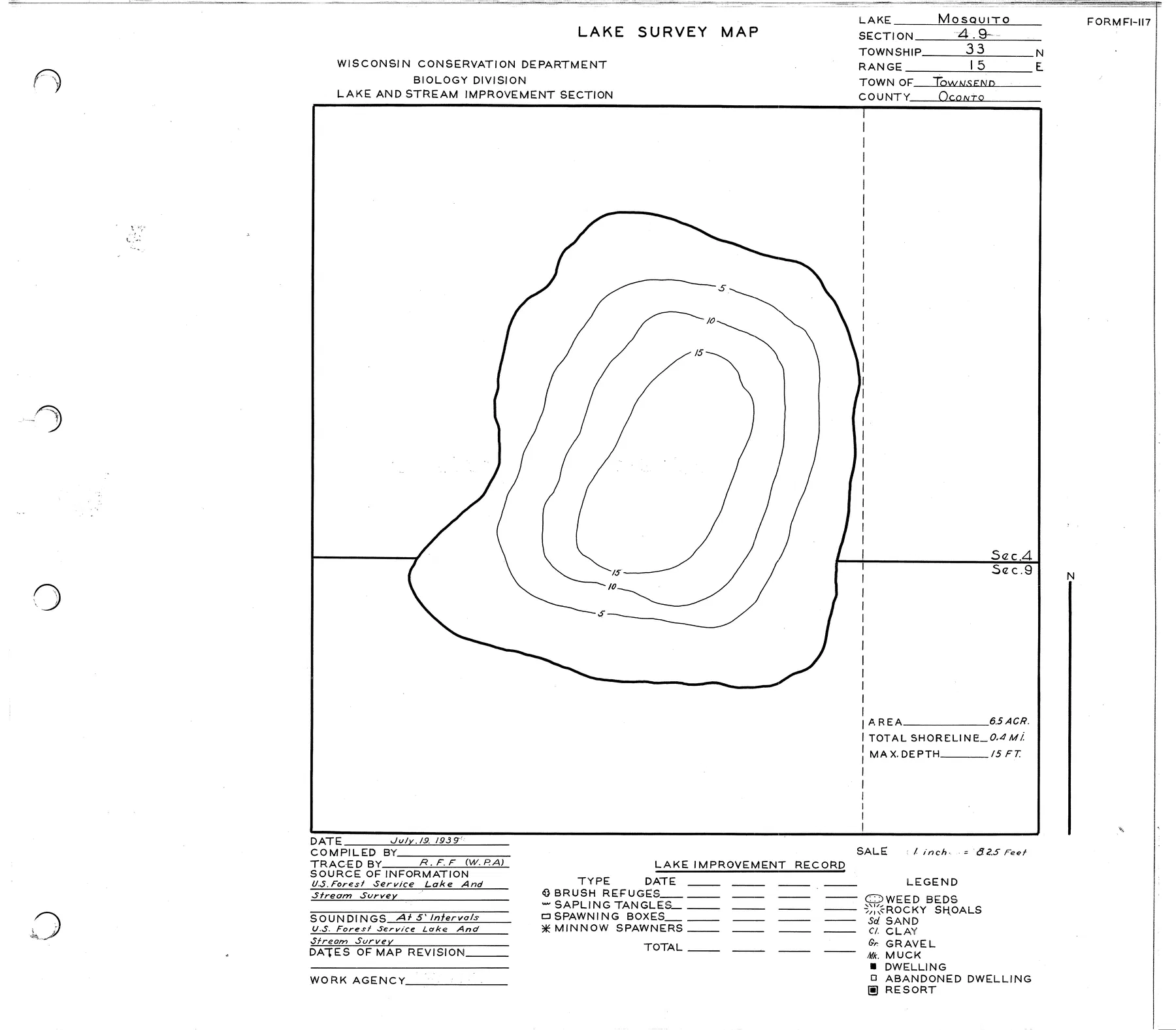 Mosquito Lake historical Wisconsin DNR depth map sheet 1
