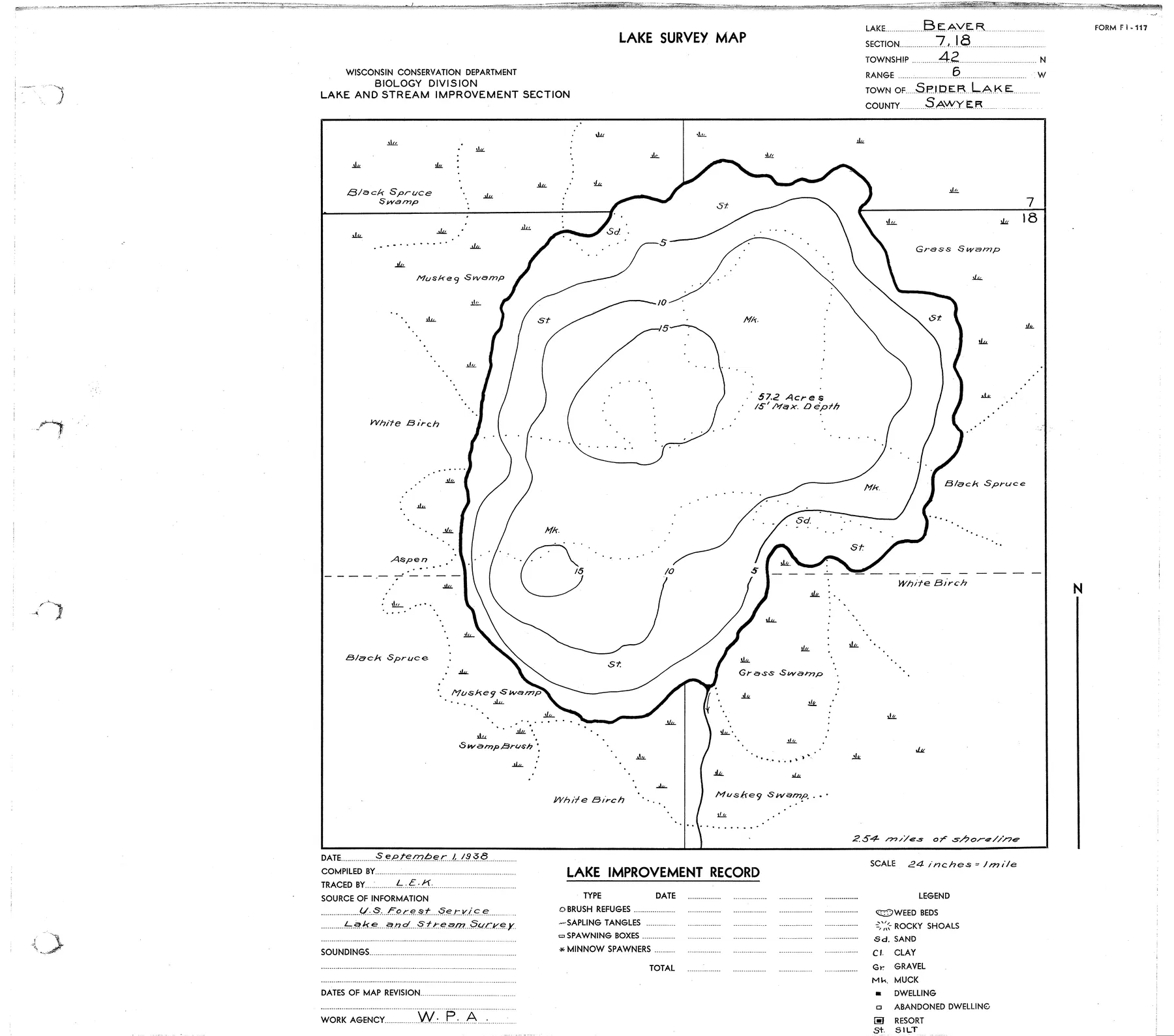 Beaver Lake historical Wisconsin DNR depth map sheet 1
