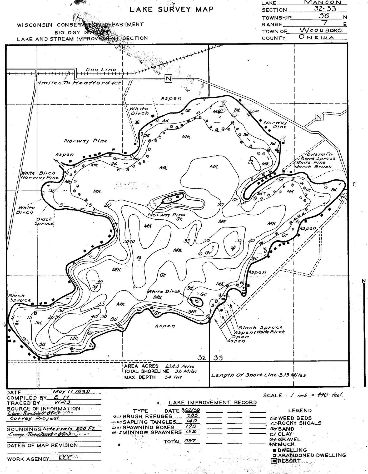 Manson Lake historical Wisconsin DNR depth map sheet 1