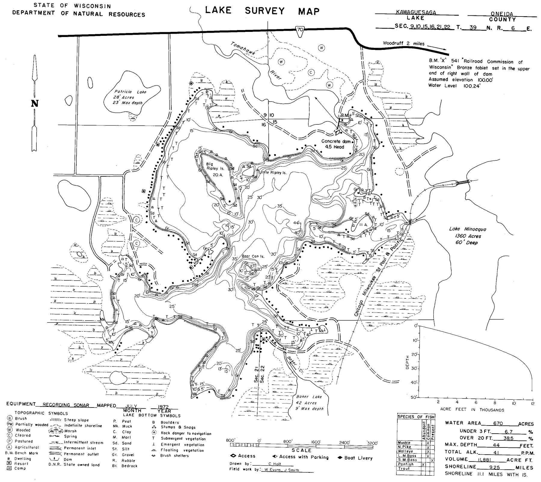 Kawaguesaga Lake historical Wisconsin DNR depth map sheet 1