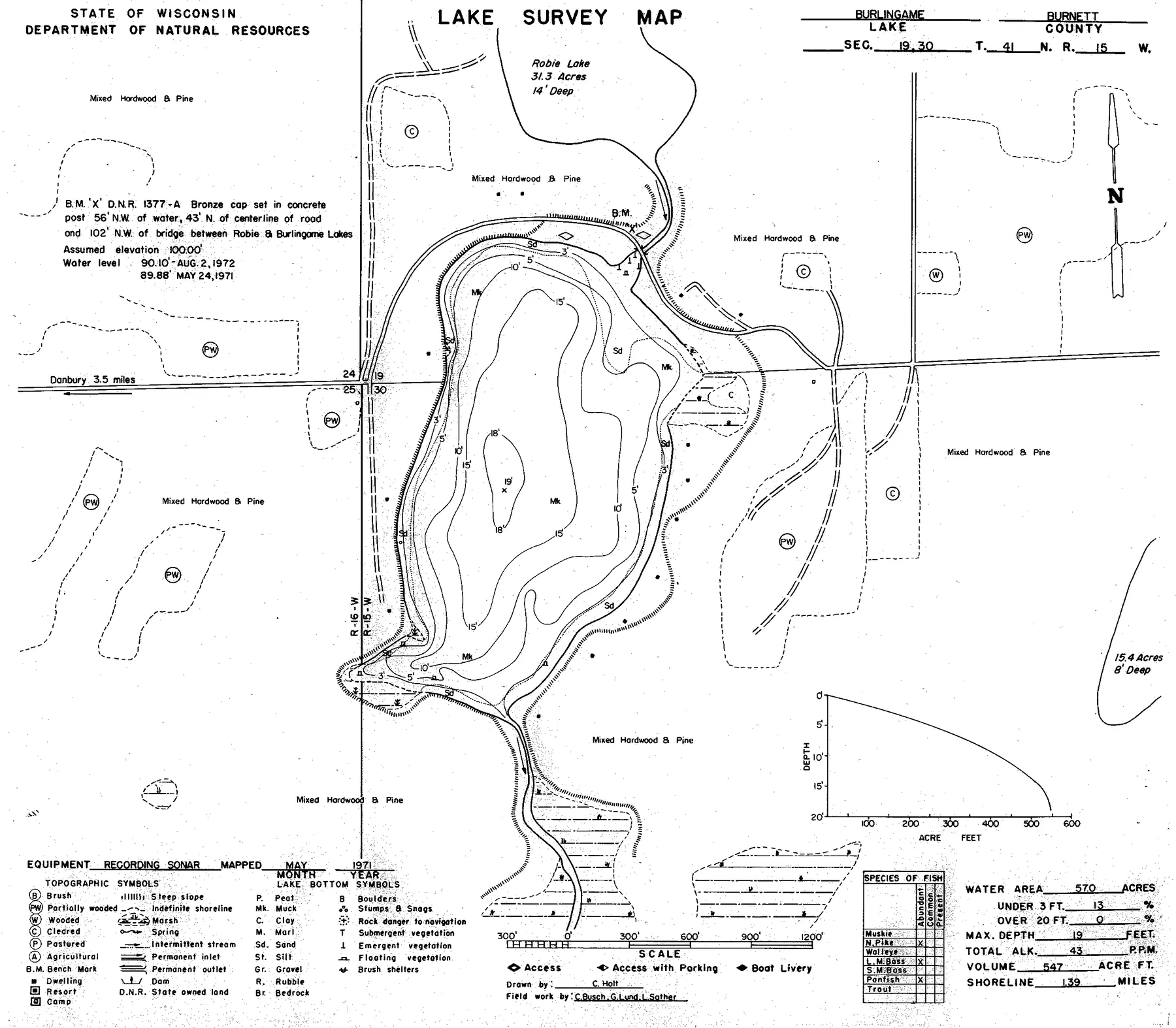 Burlingame Lake historical Wisconsin DNR depth map sheet 1