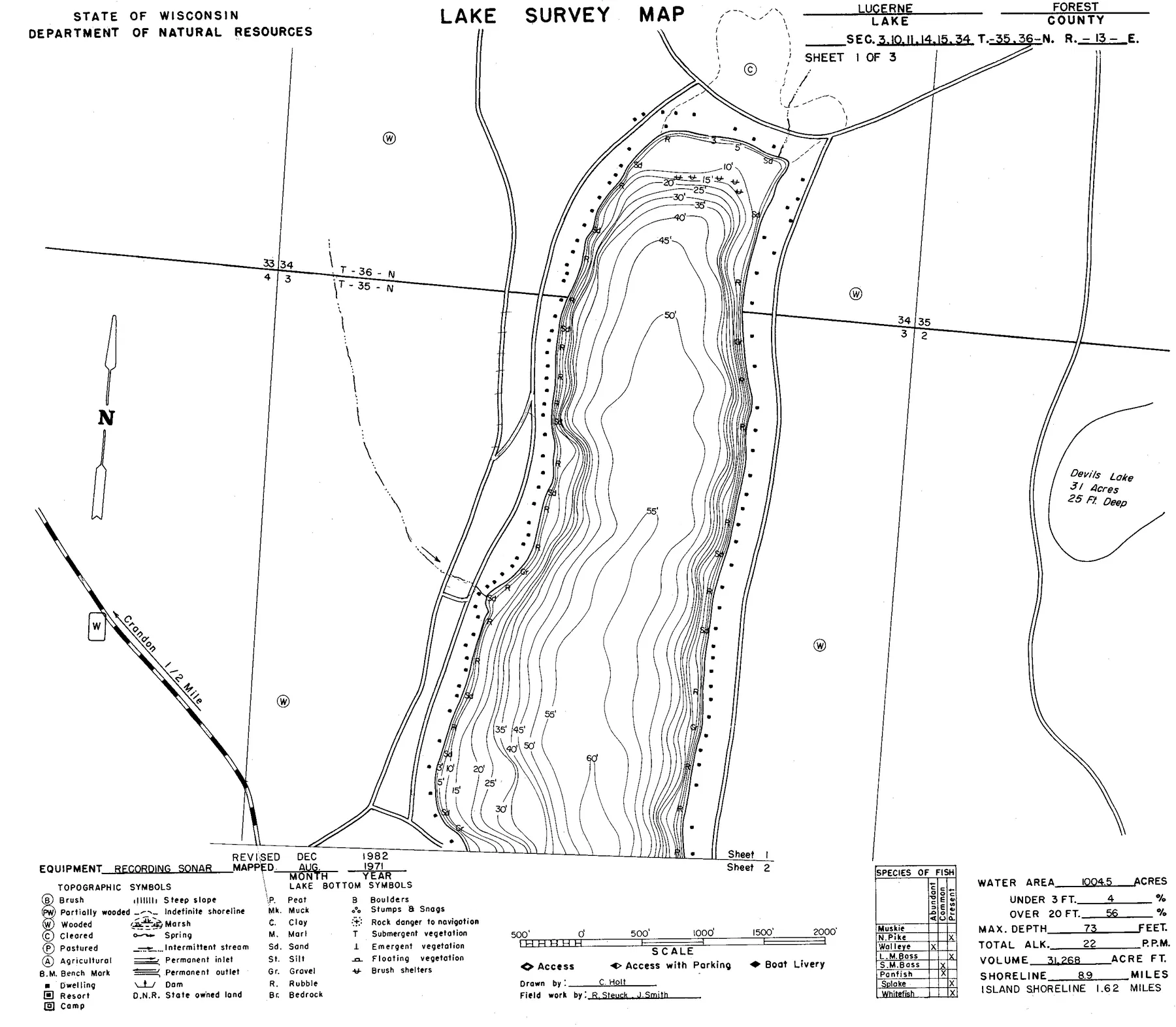 Lake Lucerne historical Wisconsin DNR depth map sheet 1