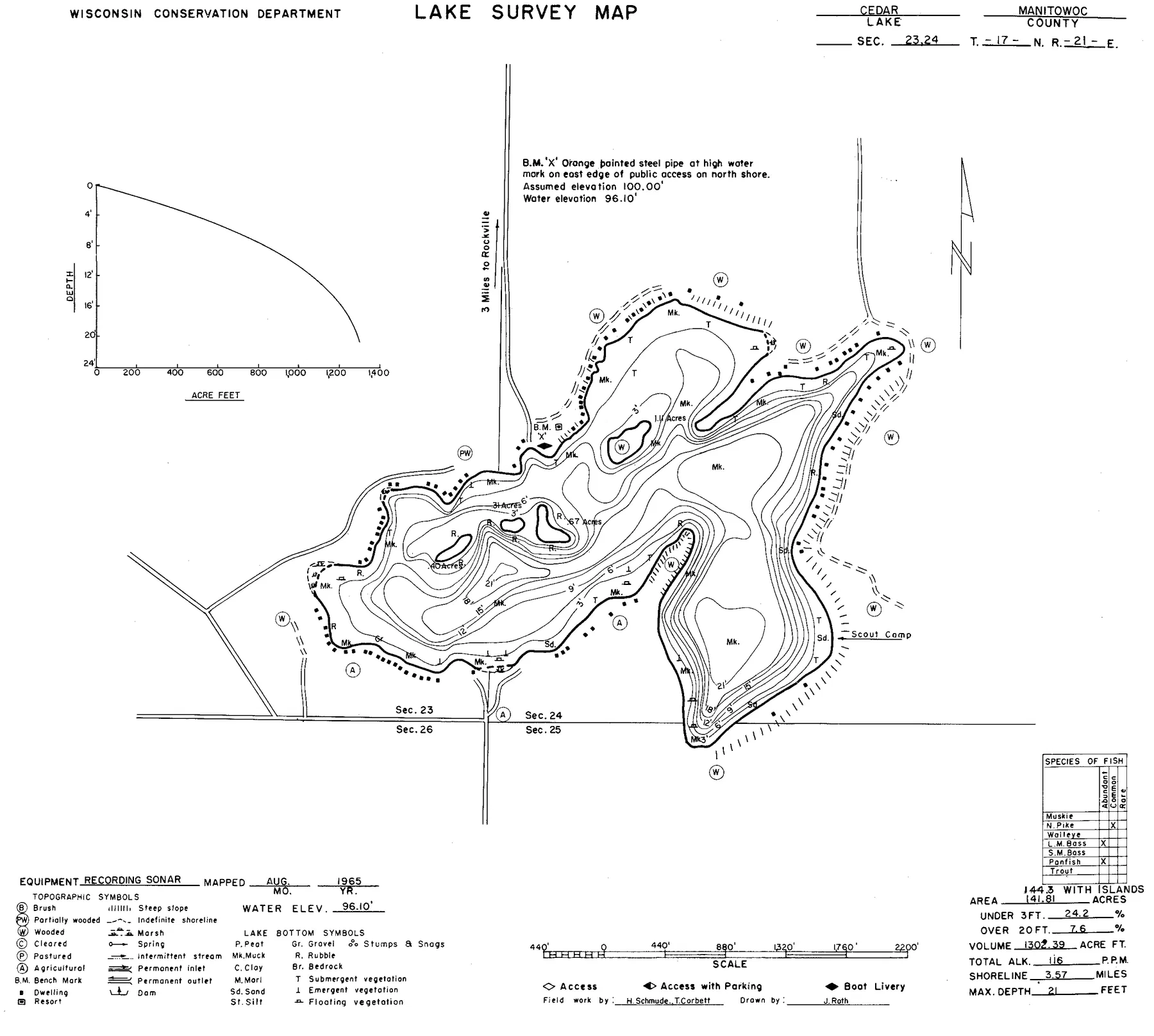 Cedar Lake historical Wisconsin DNR depth map sheet 1