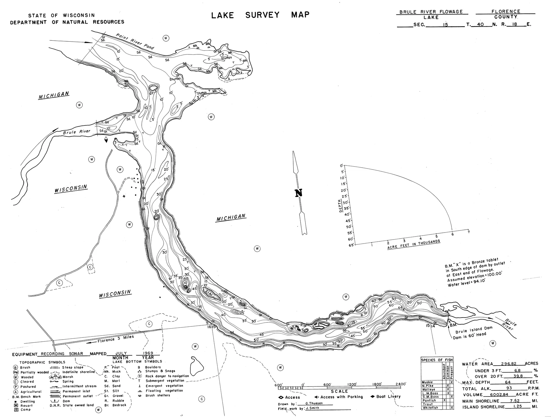 Brule River Flowage historical Wisconsin DNR depth map sheet 1
