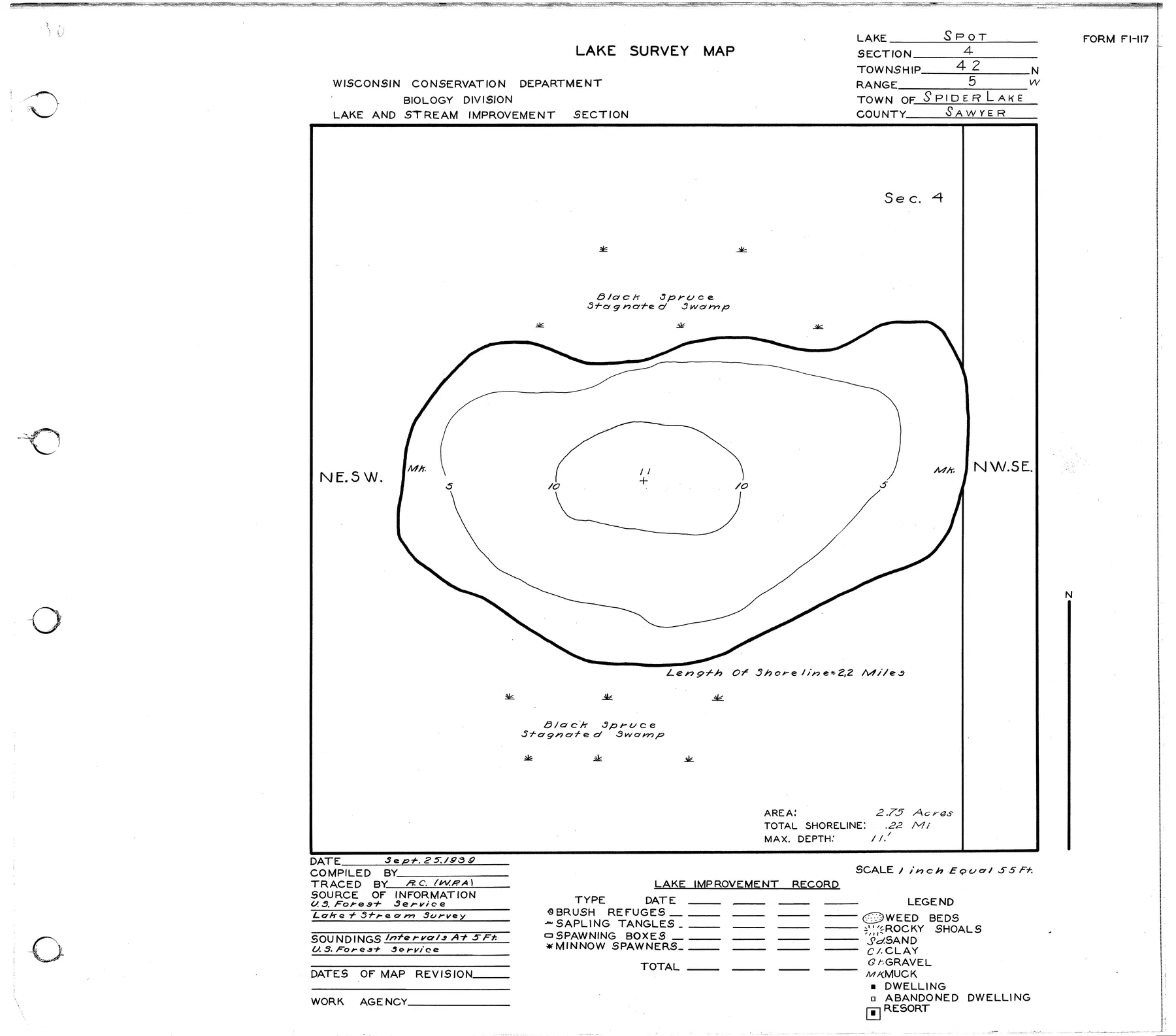 Spot Lake historical Wisconsin DNR depth map sheet 1