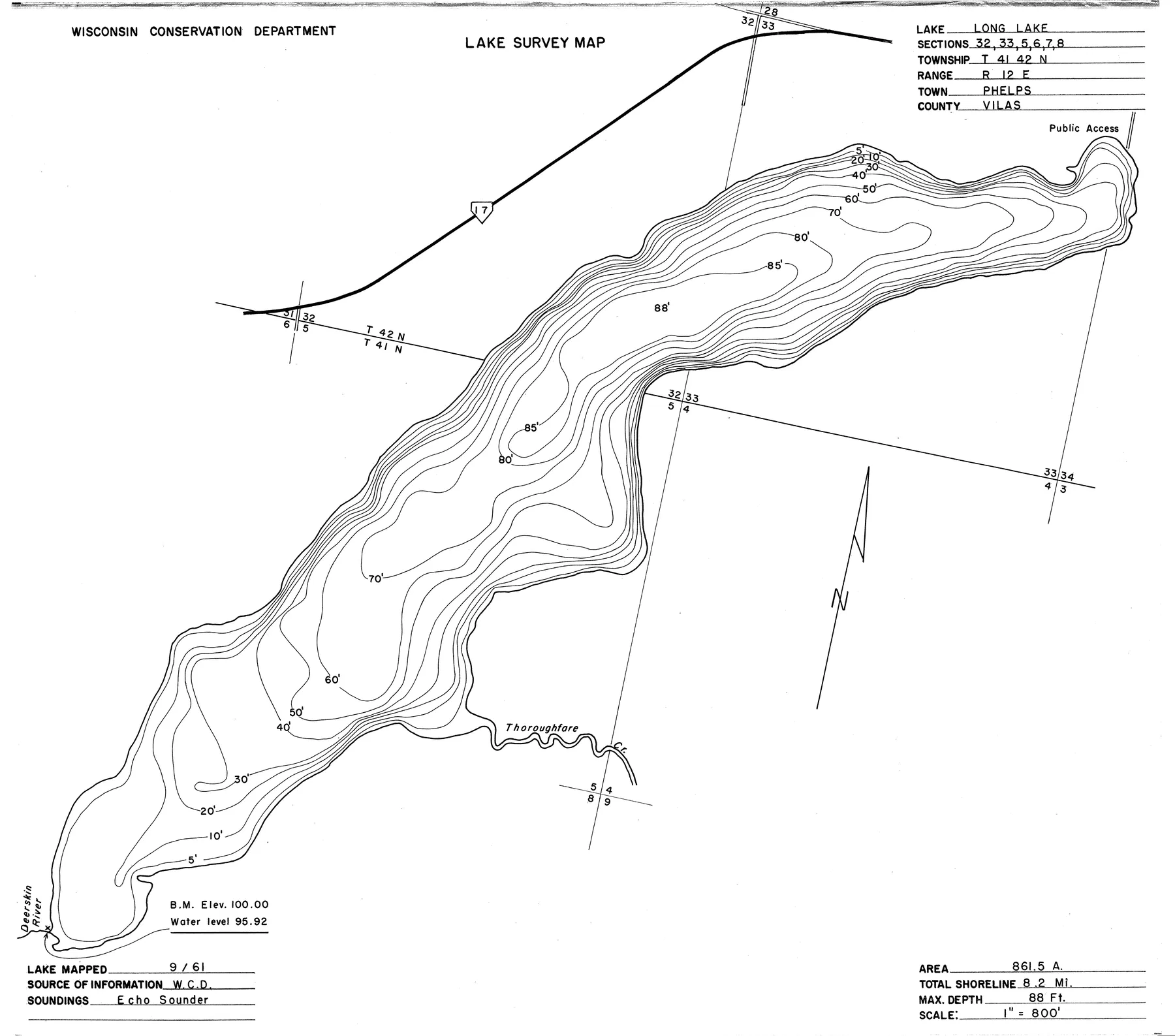 Long Lake historical Wisconsin DNR depth map sheet 1