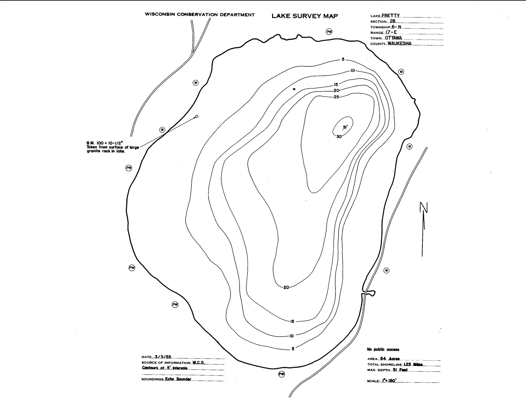 Pretty Lake historical Wisconsin DNR depth map sheet 1