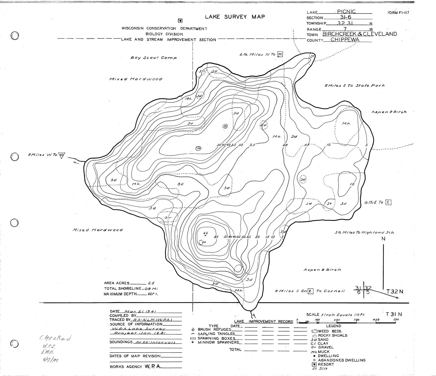 Picnic Lake historical Wisconsin DNR depth map sheet 1