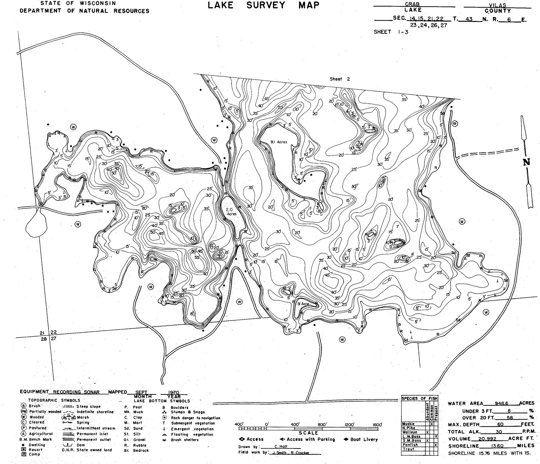 Crab Lake historical Wisconsin DNR depth map sheet 1