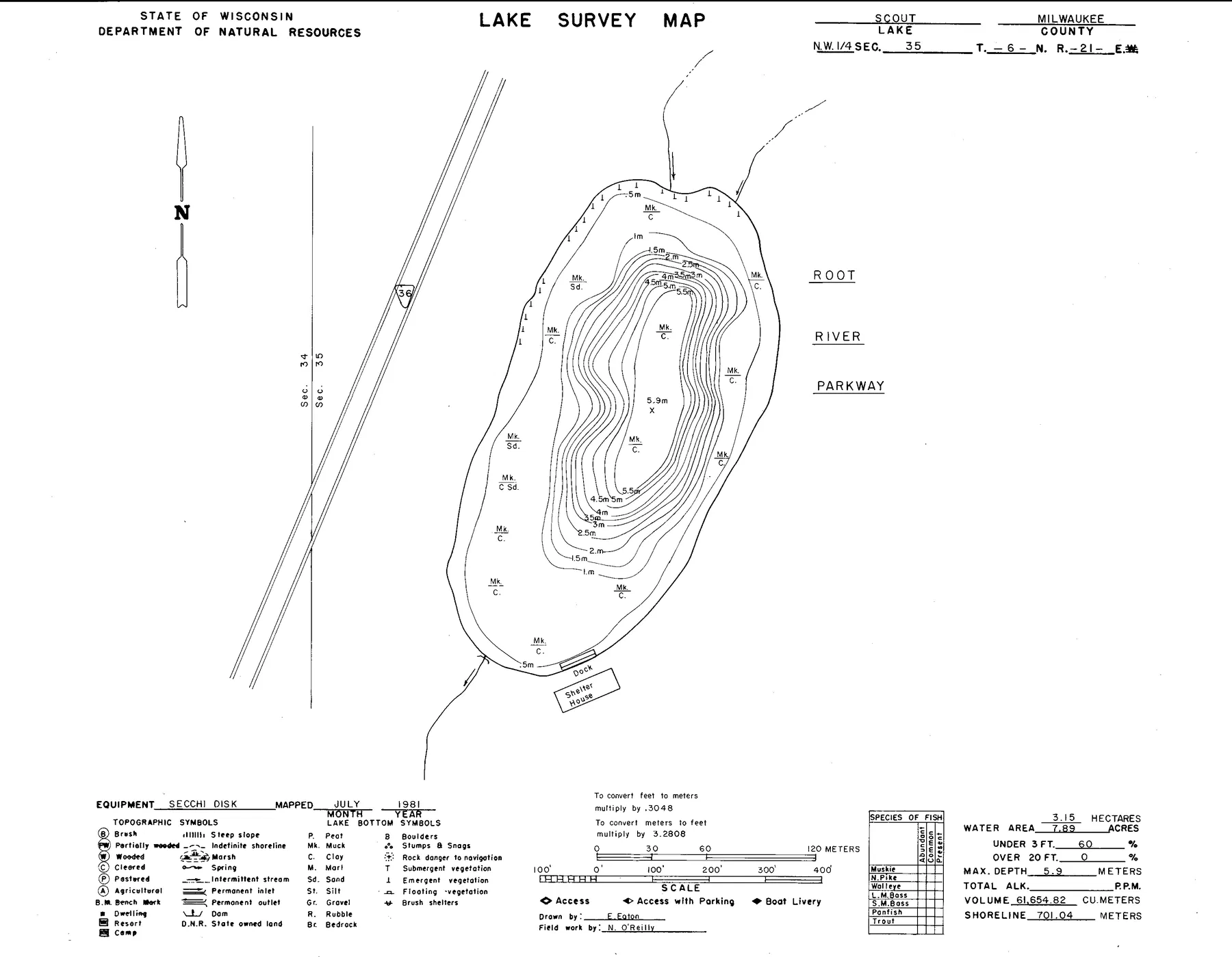 Scout Lake historical Wisconsin DNR depth map sheet 1