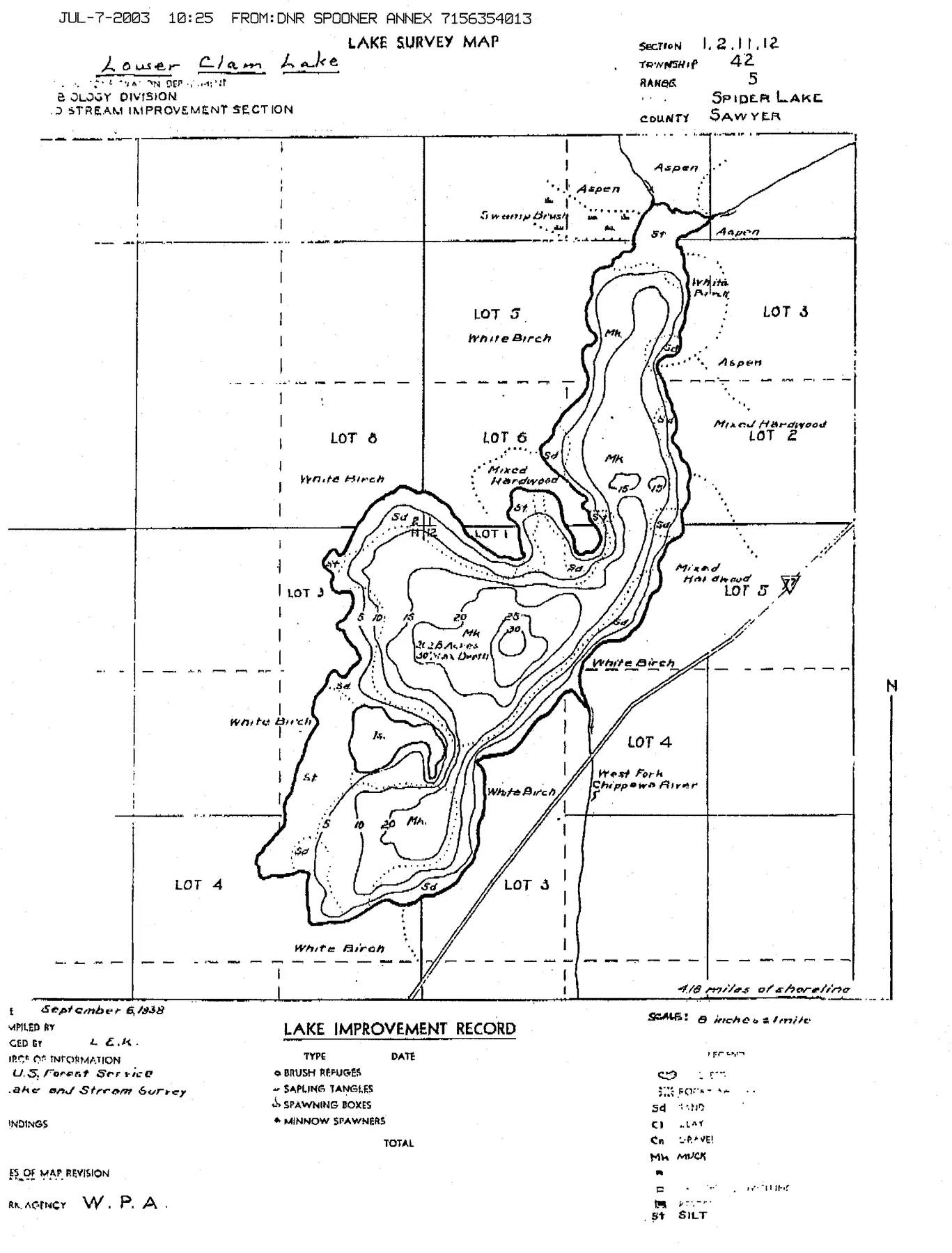 Lower Clam Lake historical Wisconsin DNR depth map sheet 1