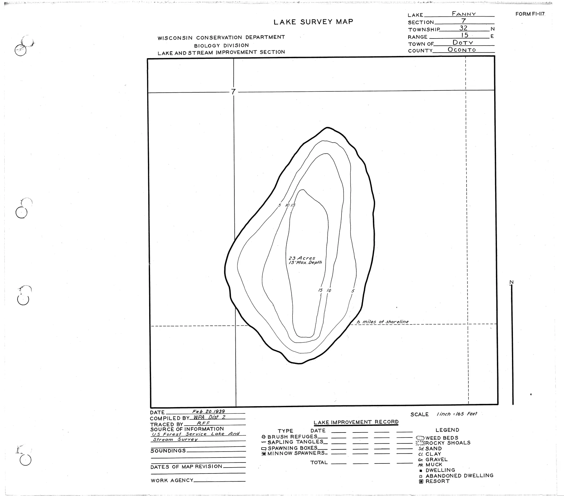 Fanny Lake historical Wisconsin DNR depth map sheet 1