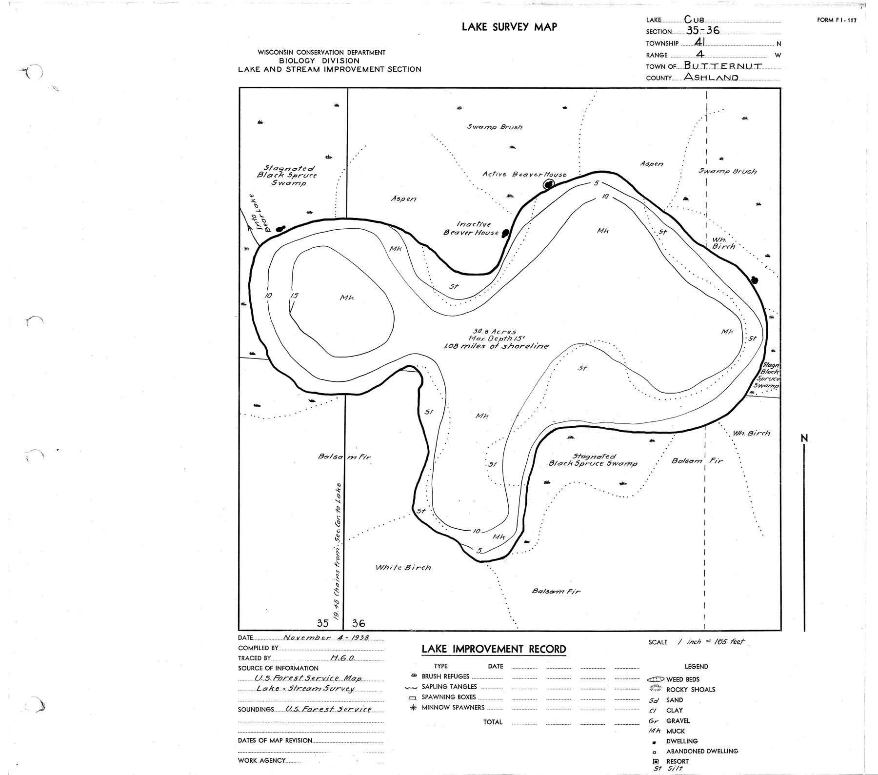 Cub Lake historical Wisconsin DNR depth map sheet 1