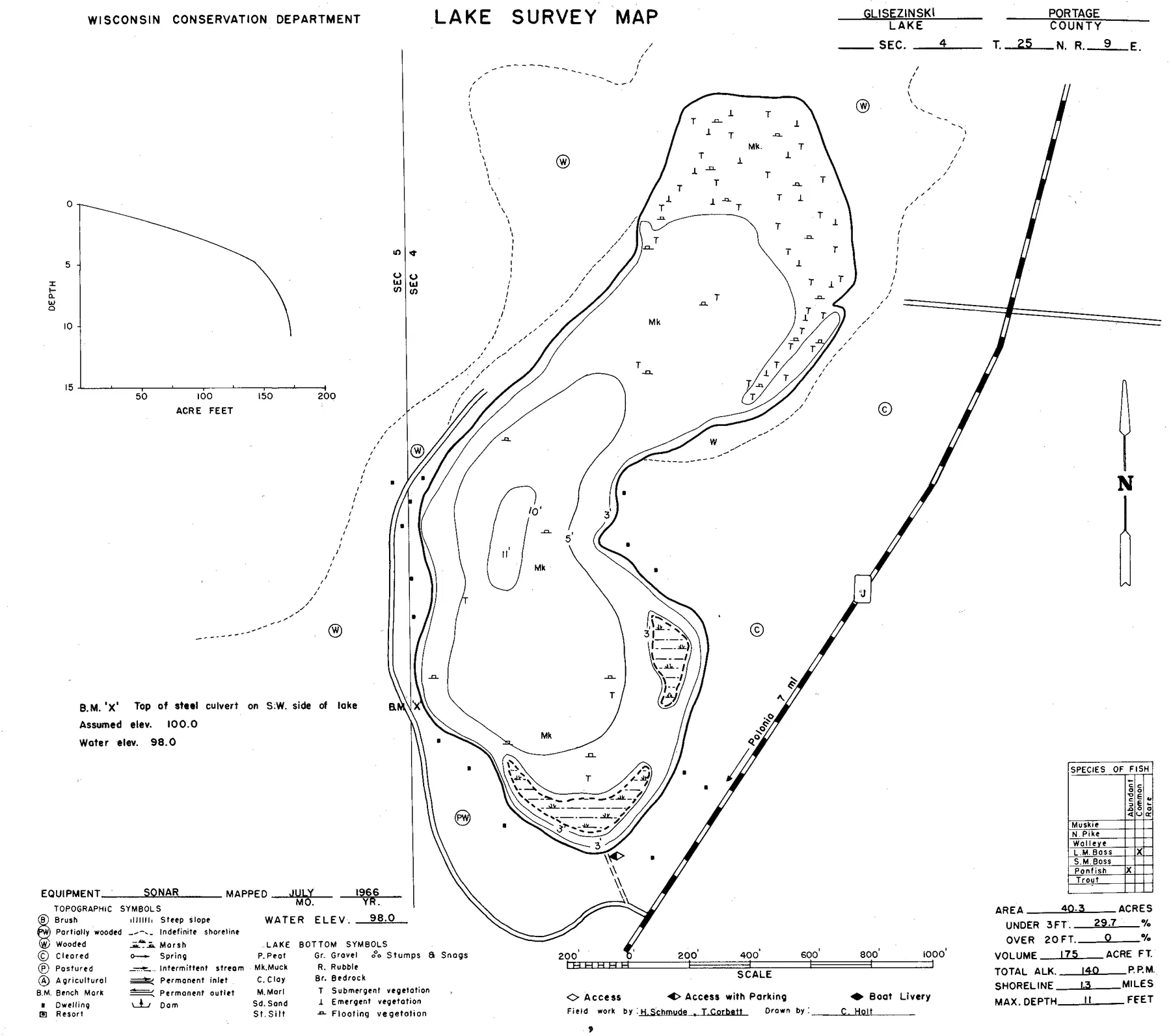 Glisezinski Lake historical Wisconsin DNR depth map sheet 1