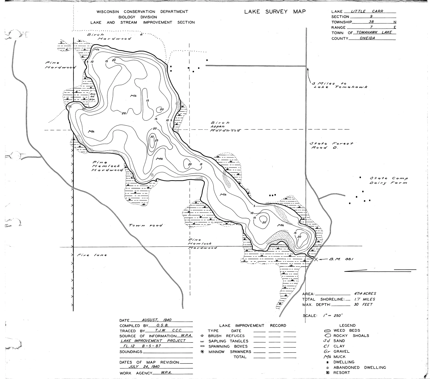 Little Carr Lake historical Wisconsin DNR depth map sheet 1