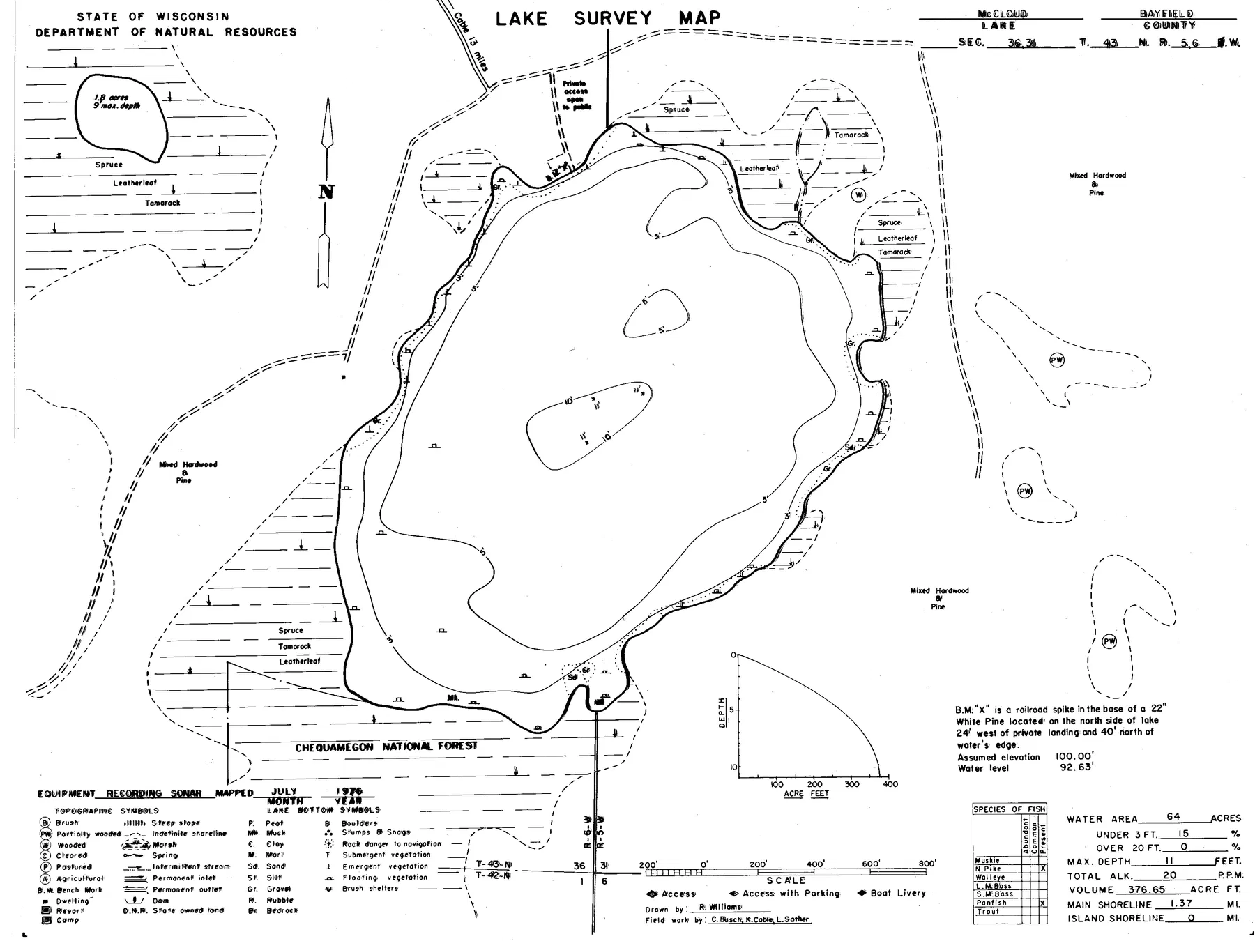 McCloud Lake historical Wisconsin DNR depth map sheet 1
