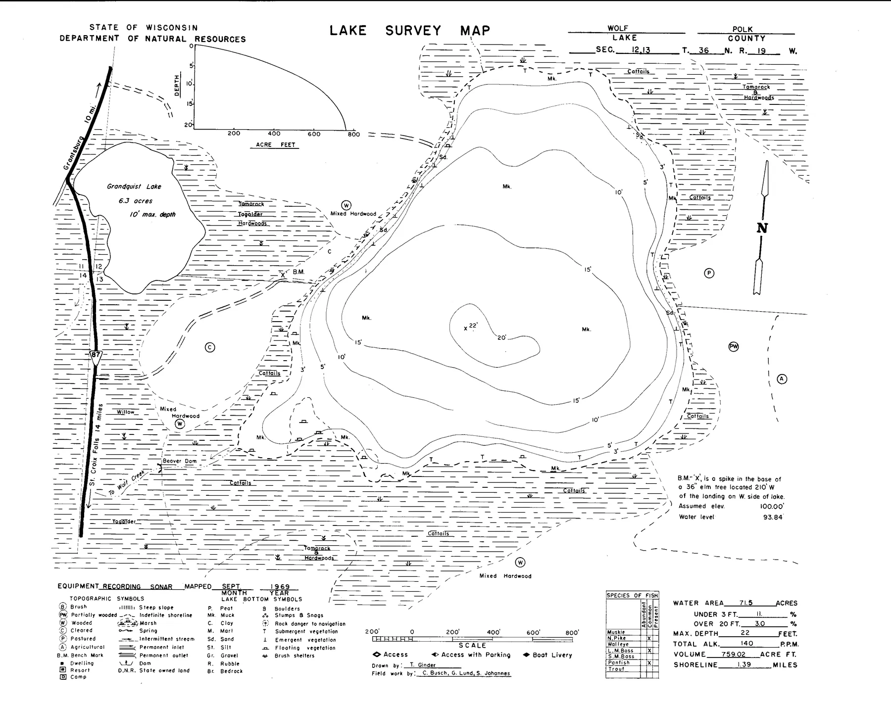 Wolf Lake historical Wisconsin DNR depth map sheet 1