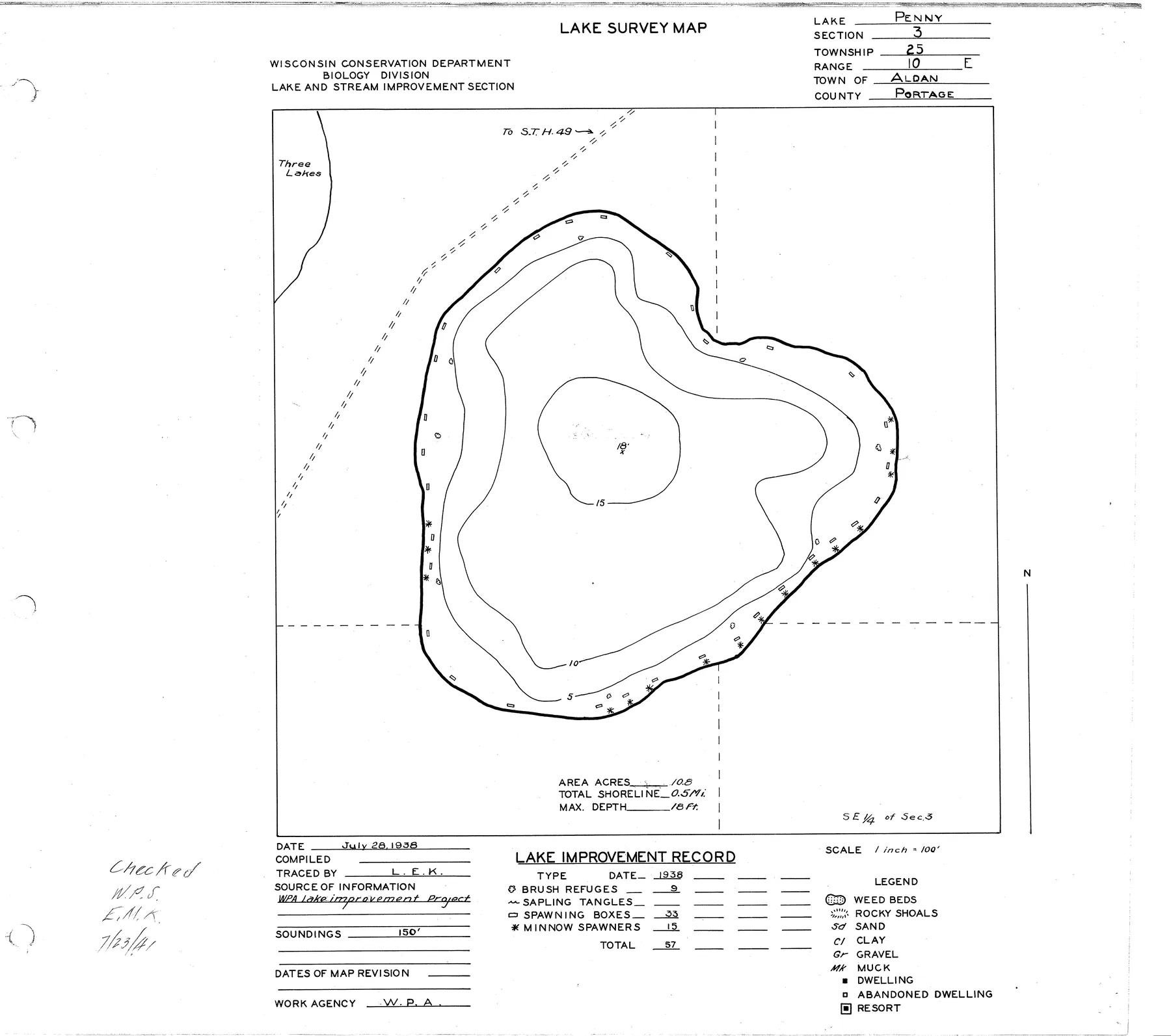 Penny Lake historical Wisconsin DNR depth map sheet 1