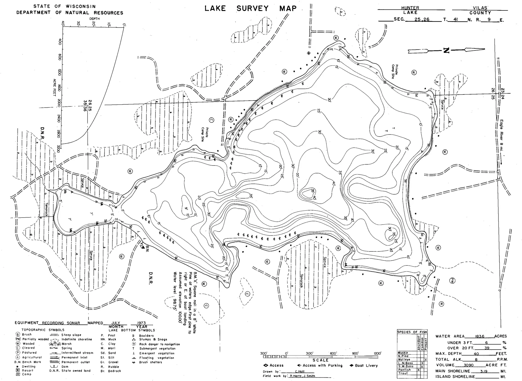 Hunter Lake historical Wisconsin DNR depth map sheet 1
