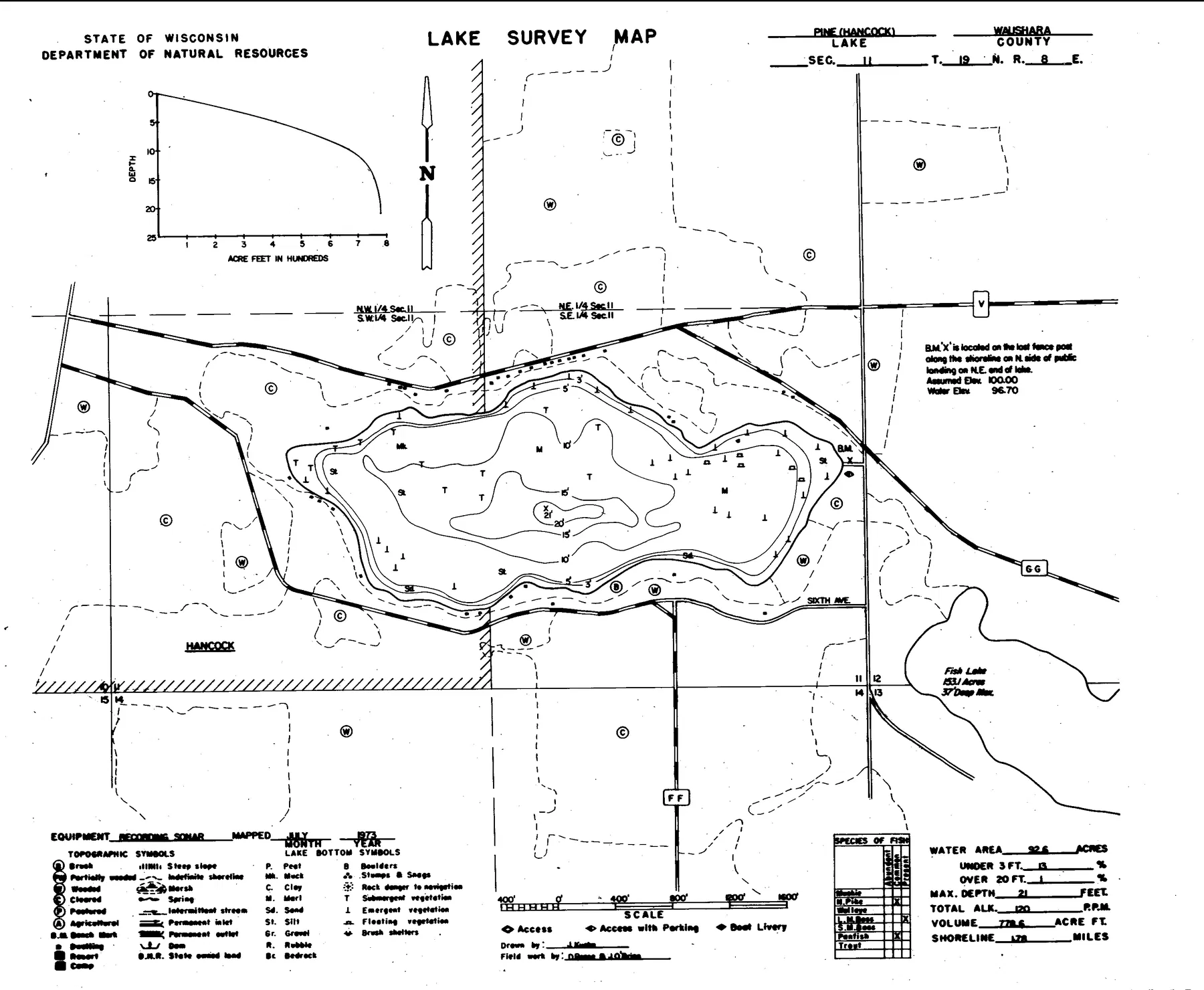 Pine Lake historical Wisconsin DNR depth map sheet 1