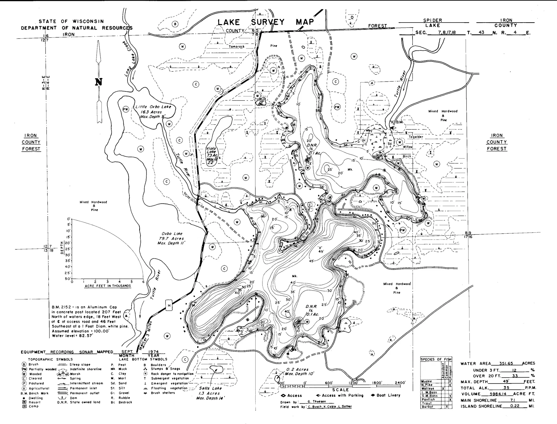 Spider Lake historical Wisconsin DNR depth map sheet 1