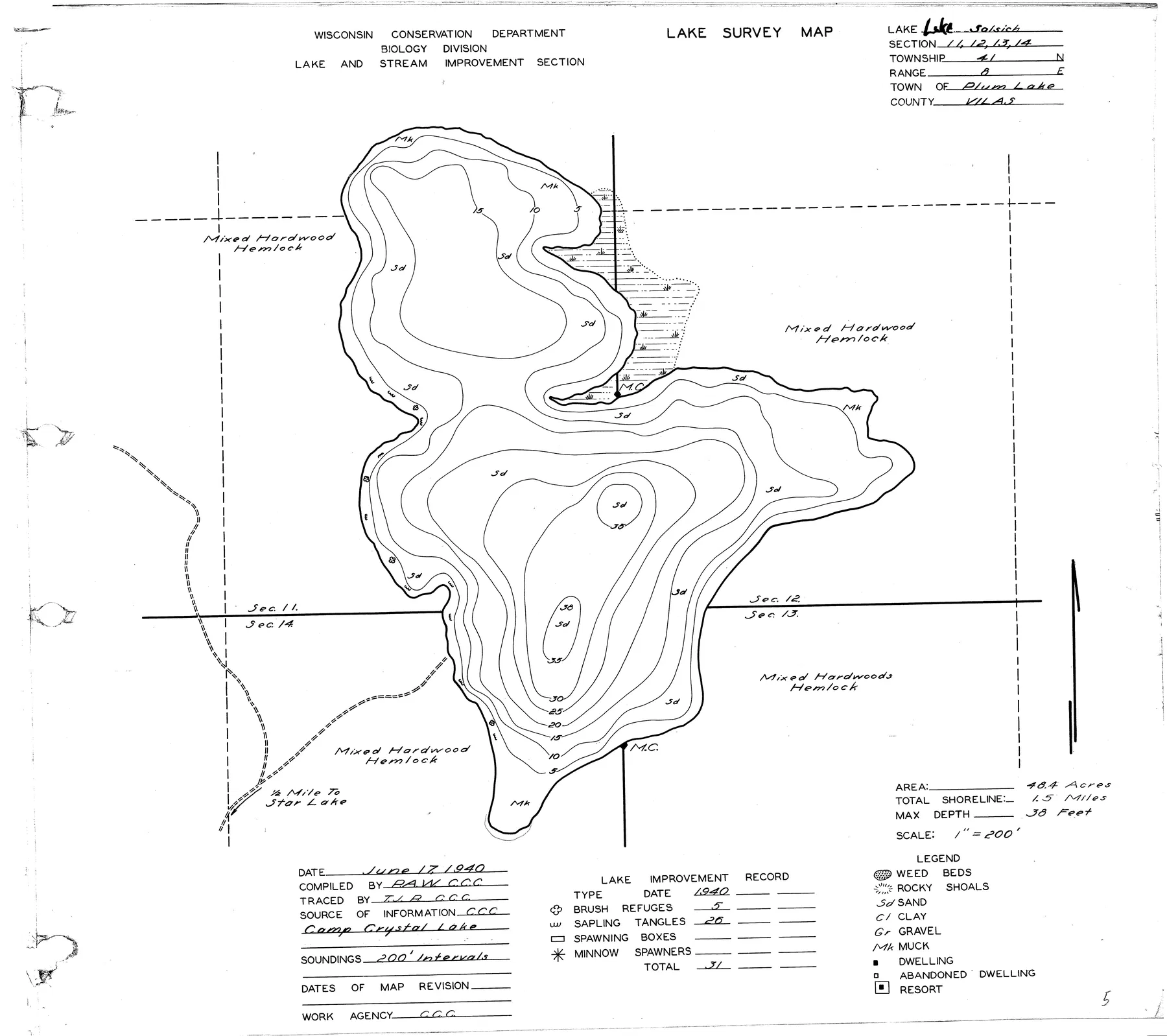 Lake Salsich historical Wisconsin DNR depth map sheet 1