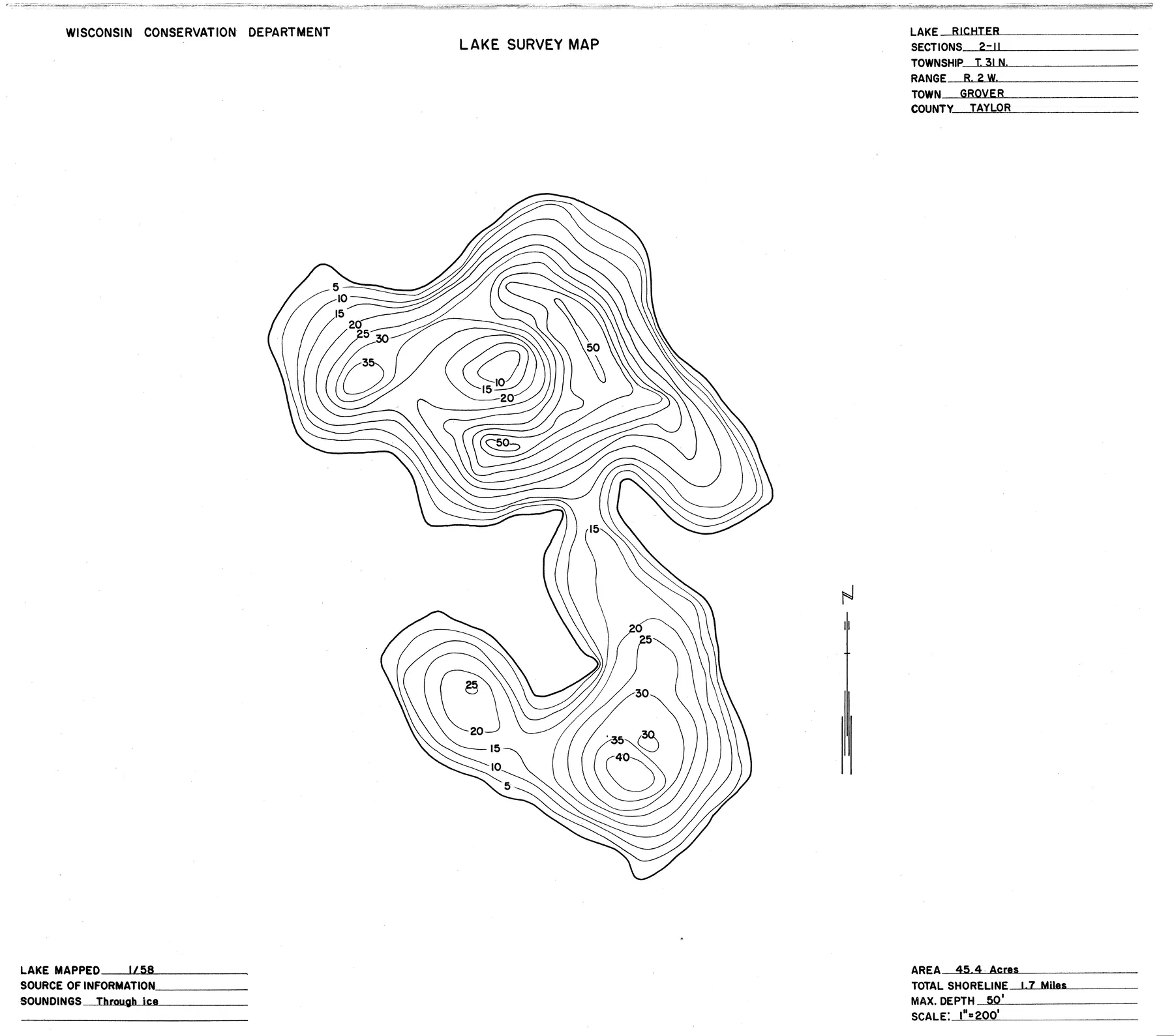 Richter Lake historical Wisconsin DNR depth map sheet 1