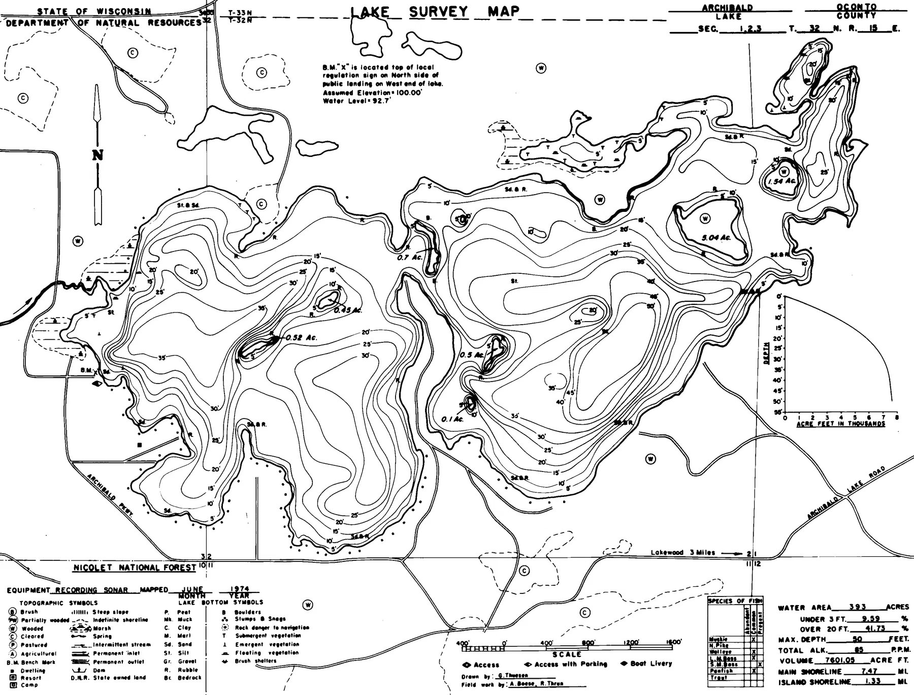 Archibald Lake historical Wisconsin DNR depth map sheet 1