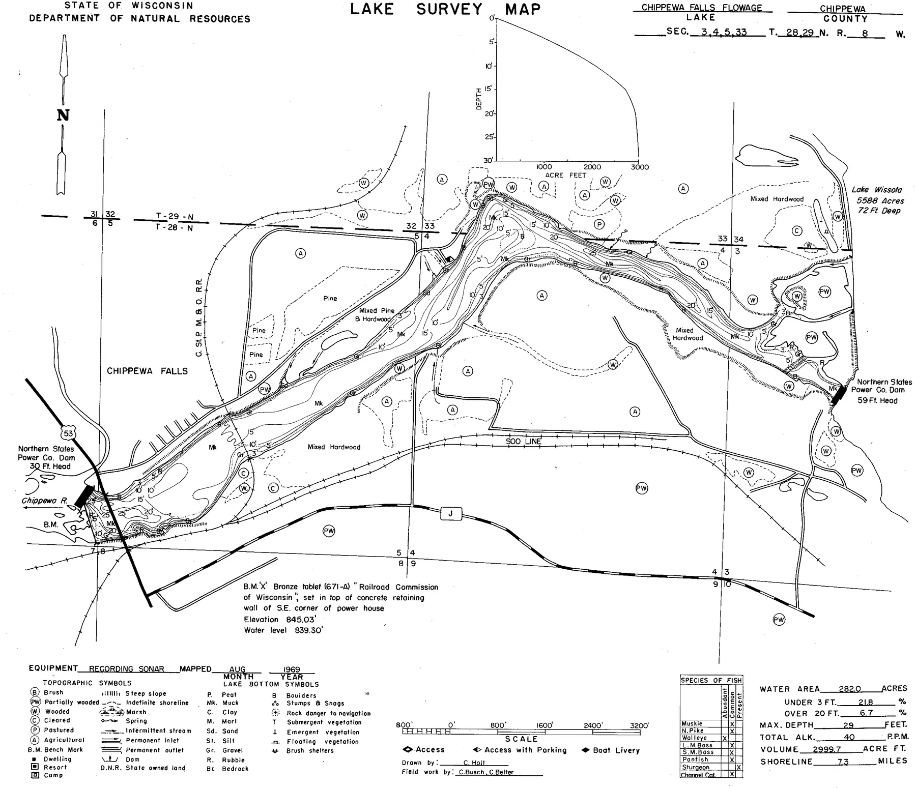 Chippewa Falls Flowage 5555 historical Wisconsin DNR depth map sheet 1