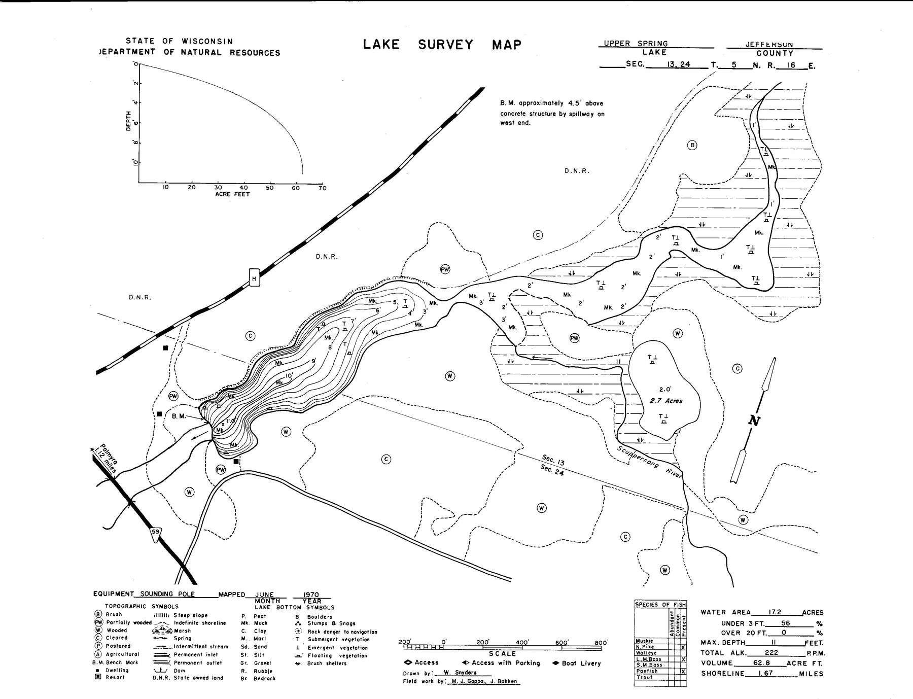 Upper Spring Lake historical Wisconsin DNR depth map sheet 1