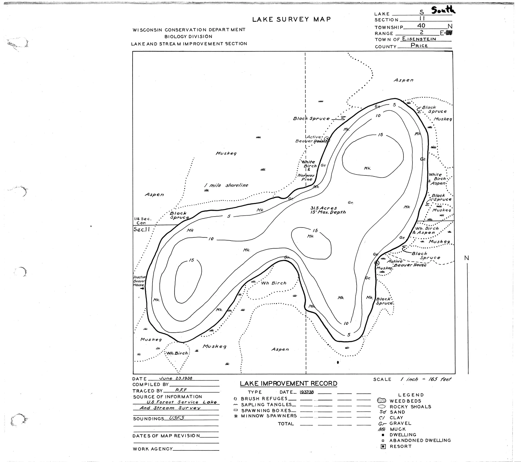 South Lake historical Wisconsin DNR depth map sheet 1