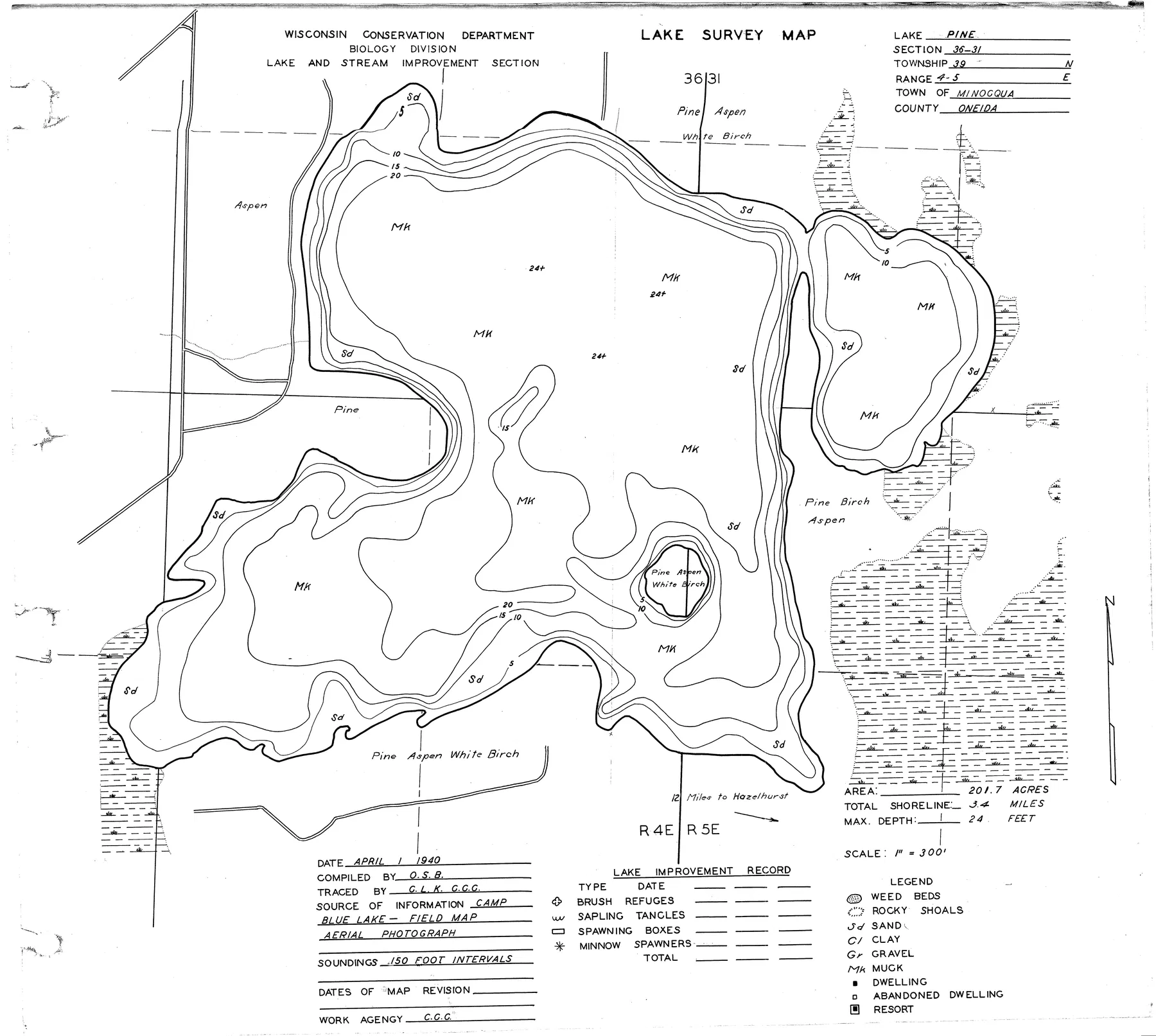 Pine Lake historical Wisconsin DNR depth map sheet 1