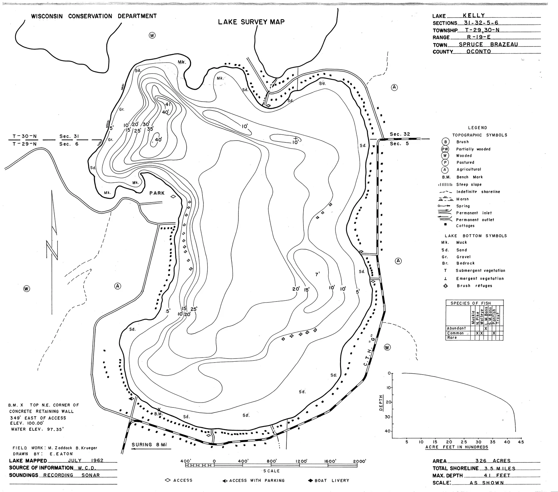 Kelly Lake historical Wisconsin DNR depth map sheet 1