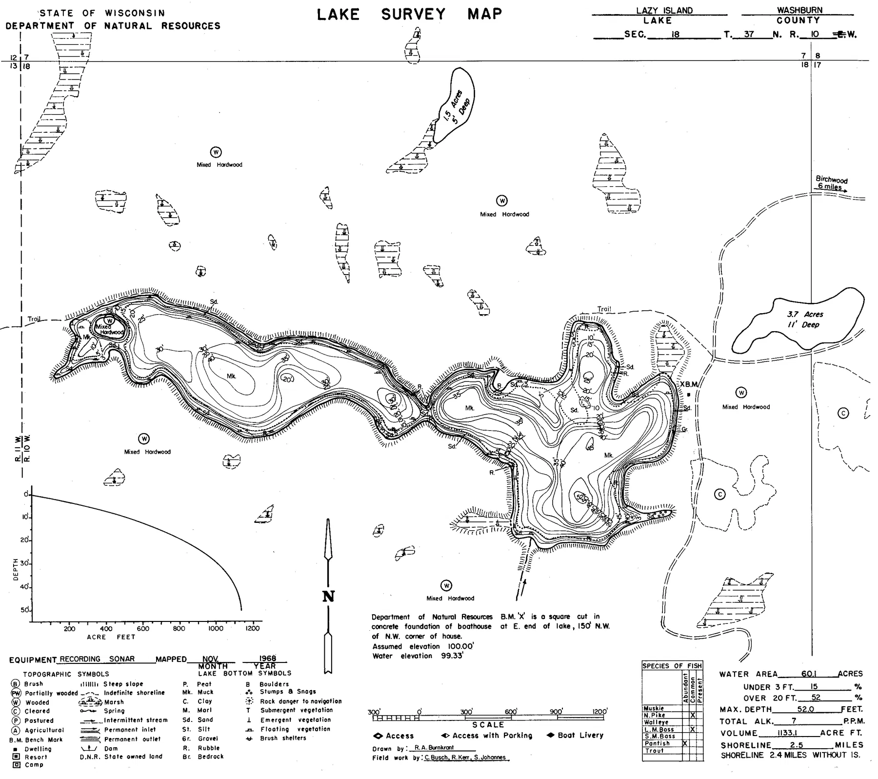 Lazy Island Lake historical Wisconsin DNR depth map sheet 1