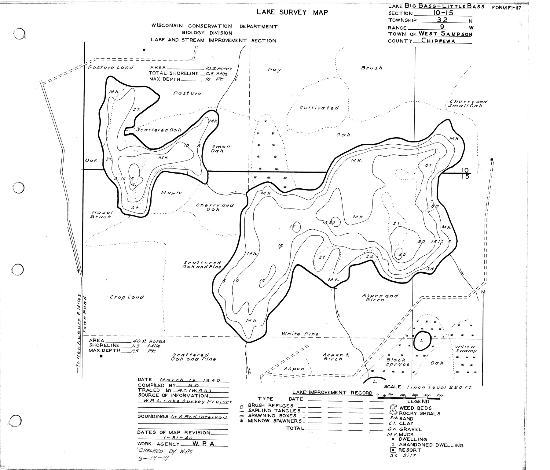 Little Bass Lake historical Wisconsin DNR depth map sheet 1