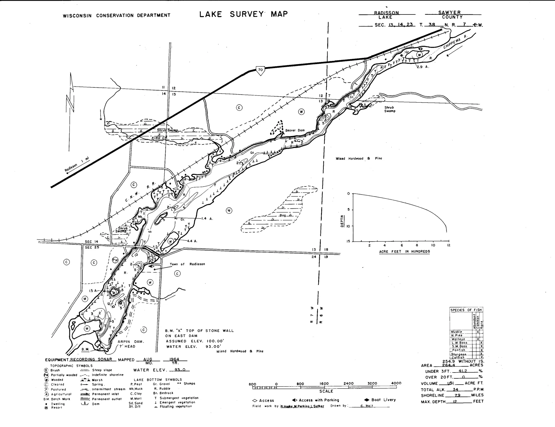 Radisson Flowage historical Wisconsin DNR depth map sheet 1